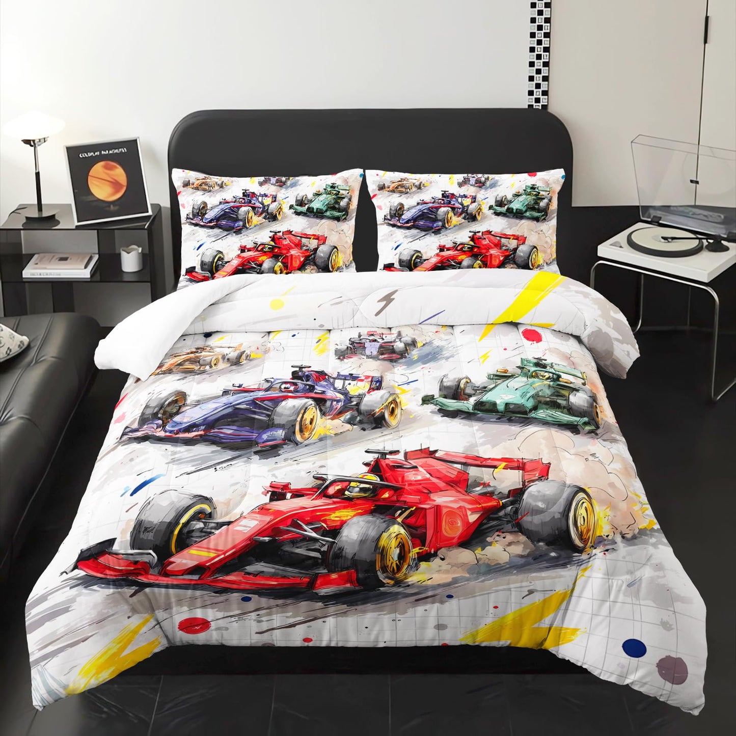 lneffble Race Car Comforter Full Size,Race Car Kids Comforter Set,3Pcs Bedding Set Printed Comforter with 2 Pillowcases,Down Alternative,Soft and Lightweight,for All Seasons