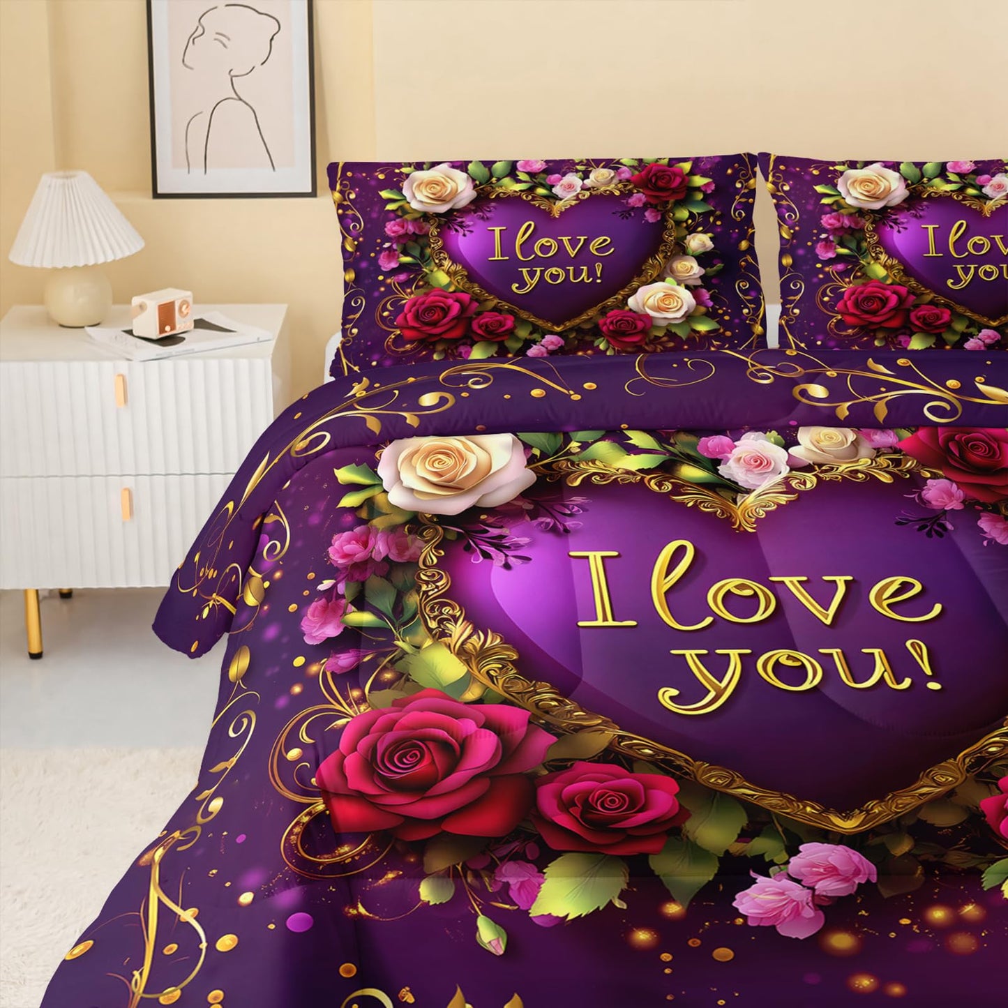 QOOMO 3Pcs Flower Print Comforter Set Queen Size,Cute Plants Bedding Set for Teens Boys Girls,Purple Comforter with 2 Pillowcases,Soft and Lightweight