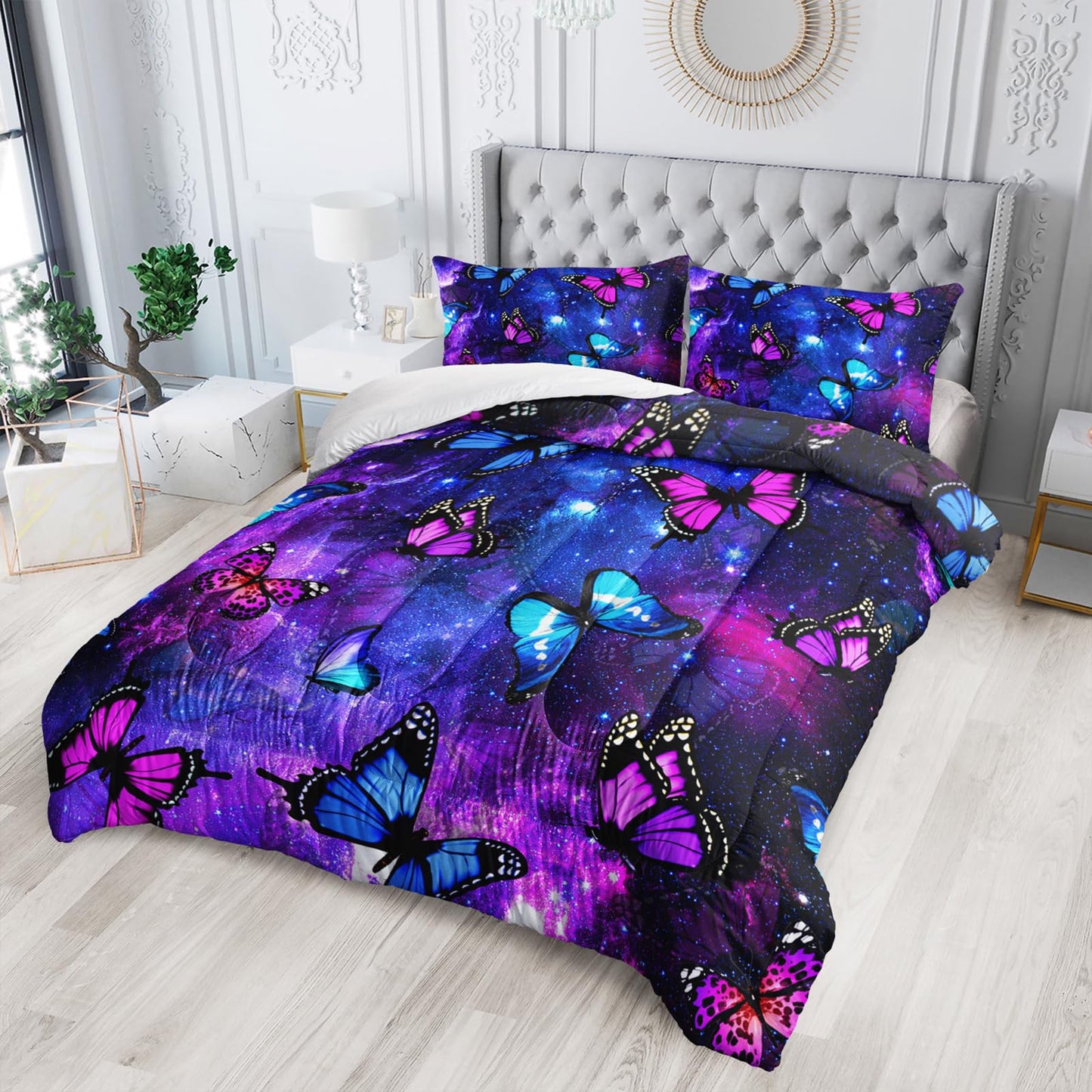 Nttopship Twin Size Galaxy Starry Sky Bedding Set, Violet Butterfly Comforter Set with 1 Comforter and 2 Pillowcases