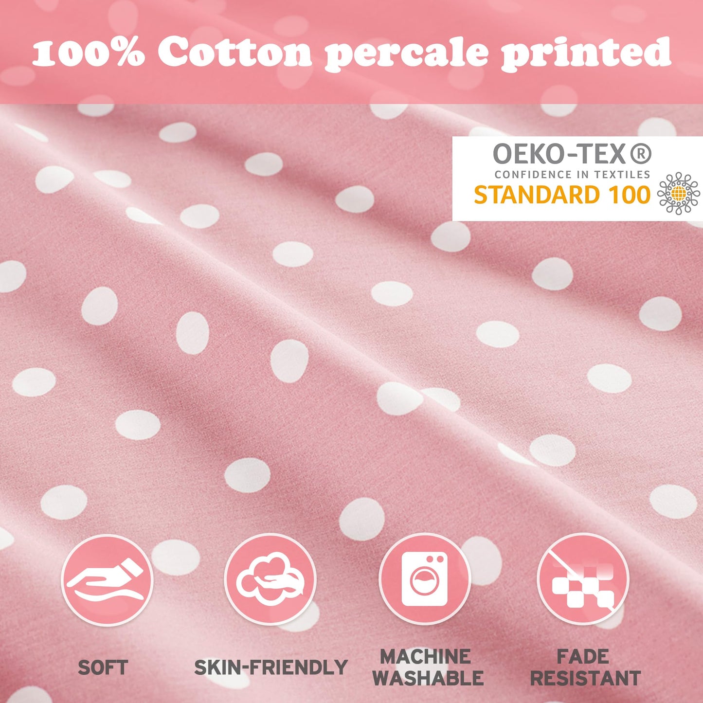 Intelligent Design Pink Queen Size Sheet Sets Kids Polka Dot Sheets for Girls 100% Cotton Percale Soft Flat and Fitted Sheet, Pillowcase, Breathable All Season Bed Set, Fits up to 14" Mattress