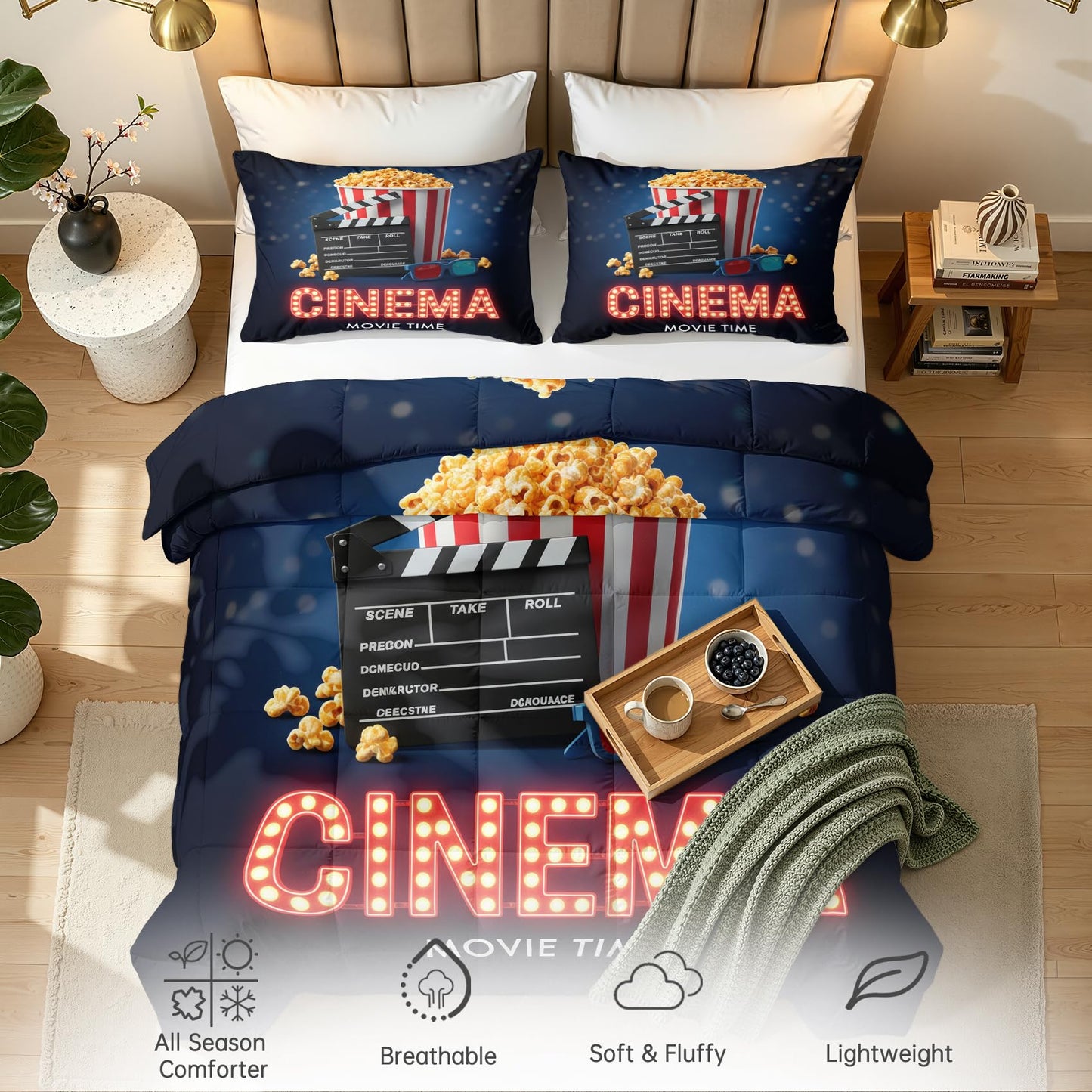 Movie Theater Comforter Set Twin Size 2 Pcs - All Season Comforter & Pillowcase, Popcorn Cinema Bedding Set, Soft Lightweight Down Alternative Duvet Insert, Clapperboard Bedroom Decor