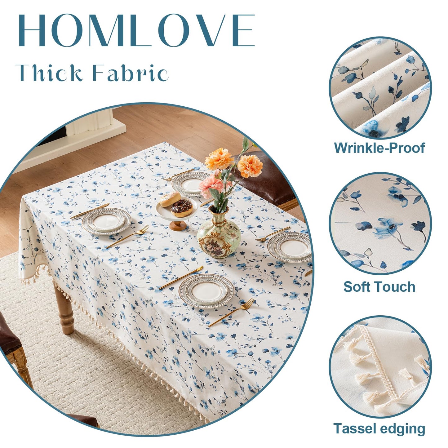 HOMLOVE Tablecloth Pastoral Style, Waterproof & Stain Resistant Table Cloth Wrinkle Free Table Cover for Dining/Kitchen/Patio, Washable Indoor & Outdoor Use (Blue Flower, 55"X102")