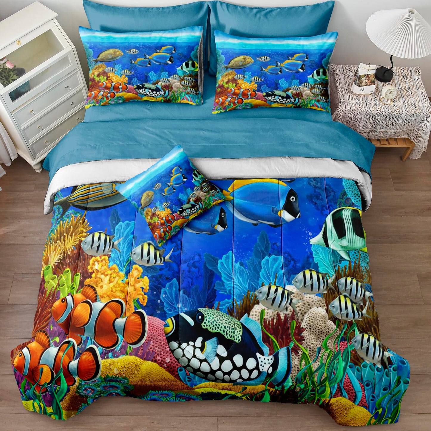 Bedding_Dreamer Ocean Queen Comforter 8 Pcs Sea Animal Tropical Fish Home Decor Sheet Set Blue Bed in a Bag with 1 Cushion Cover