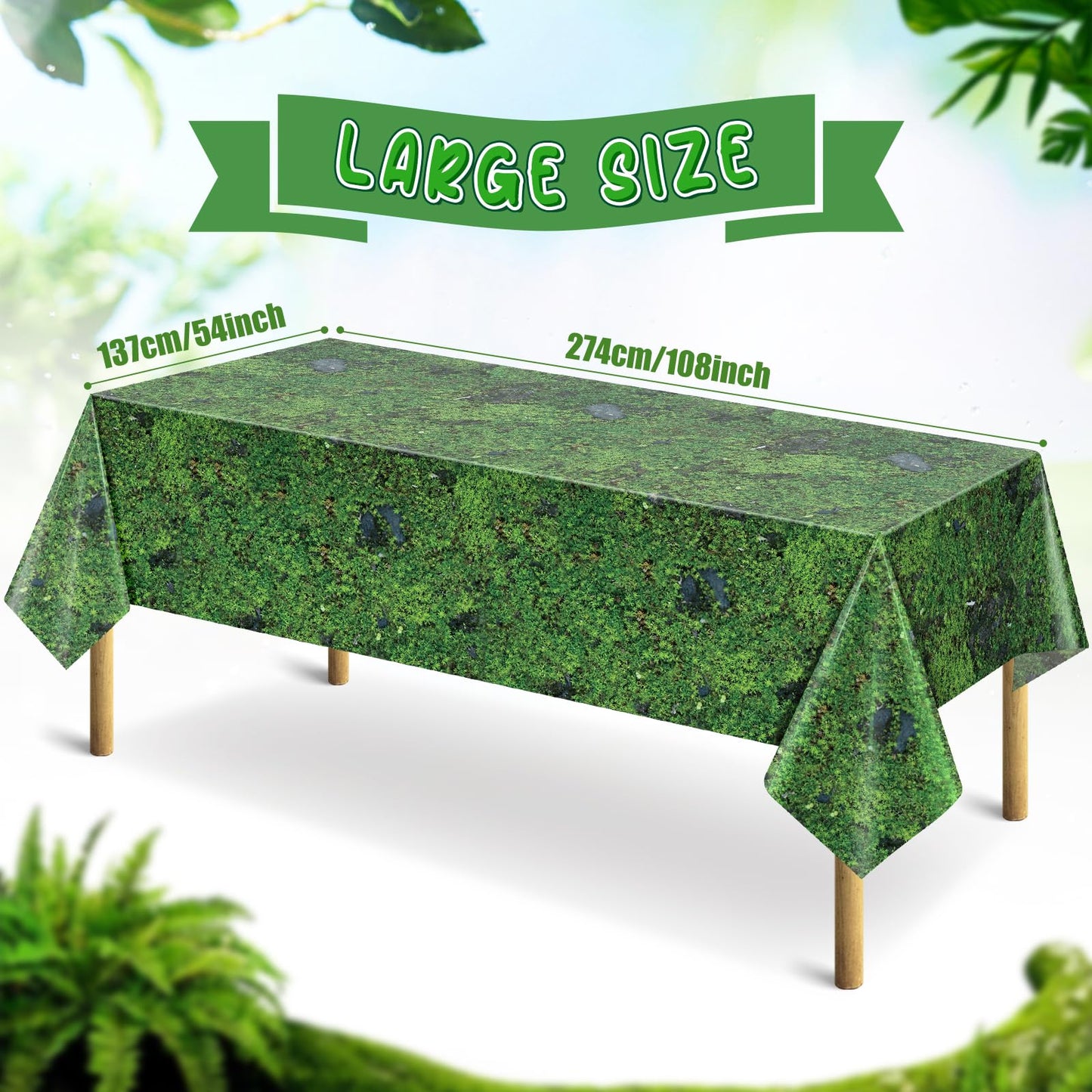 YIDAKO 3Pcs Green Moss Plastic Tablecloths Grass Green Leaf Table Cloth Disposable Rectangle Table Cover for Soccer World Cup Nature Forest Jungle Golf Theme Party Decorations, 54 X 108inch