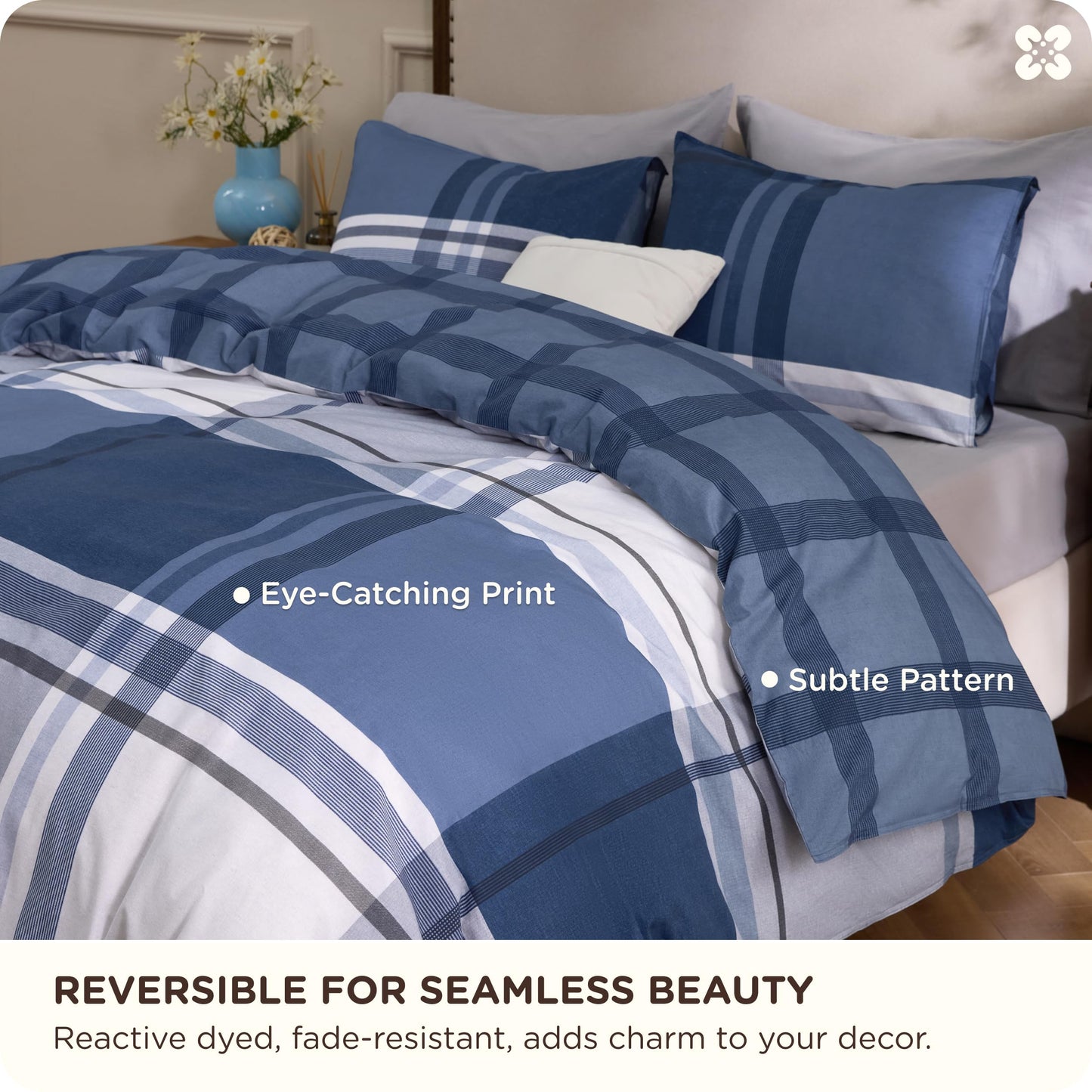 Bedsure Plaid Duvet Cover Queen Size - 100% Cotton Reversible Classic Navy Checkered Pattern Duvet Cover Set, 3 Pieces Soft & Breathable PureWoven Bedding Set with 2 Pillow Shams (Navy Plaid 90"x90")