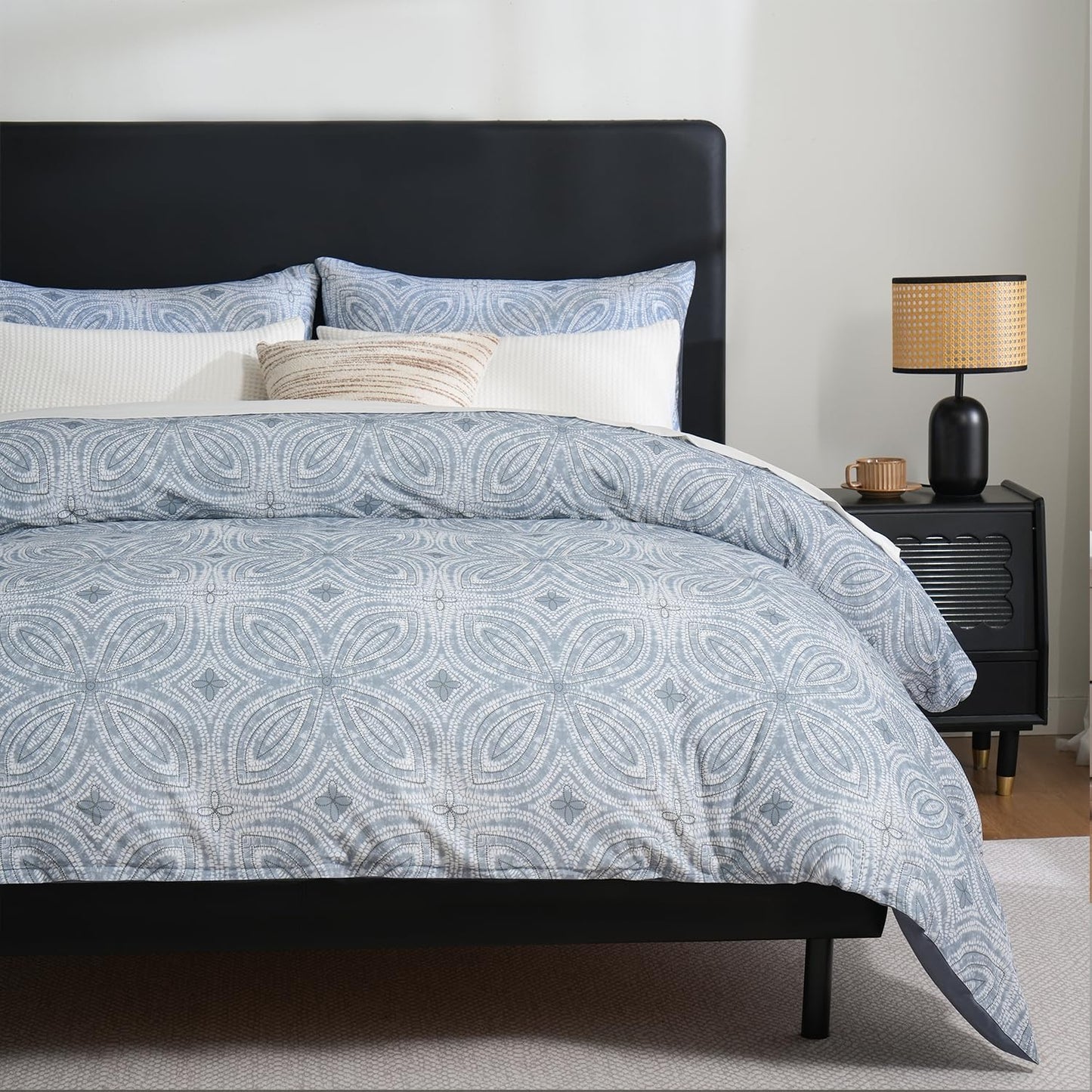 Zusbest Duvet Cover King Flannel-Like for Extra Soft 100% Cotton Reversible Grey Navy Blue Modern Bedding, Patterned Bed Cover Luxury Classic Printed Zipper Comforter Cover Set 3 Pieces- No Filling