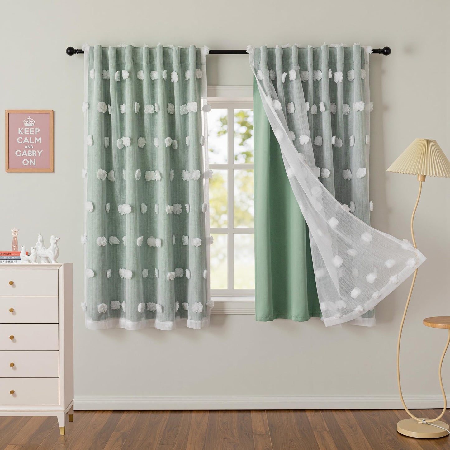 MYSKY HOME Kids Curtains for Boys Bedroom 63 Inches Long Room Darkening Double Layer Drapes for Son Room Decor White Pom Pom Sheer Back Tab Blackout Curtain 2 Layers Aqua 52 x 63 Inch 2 Panels
