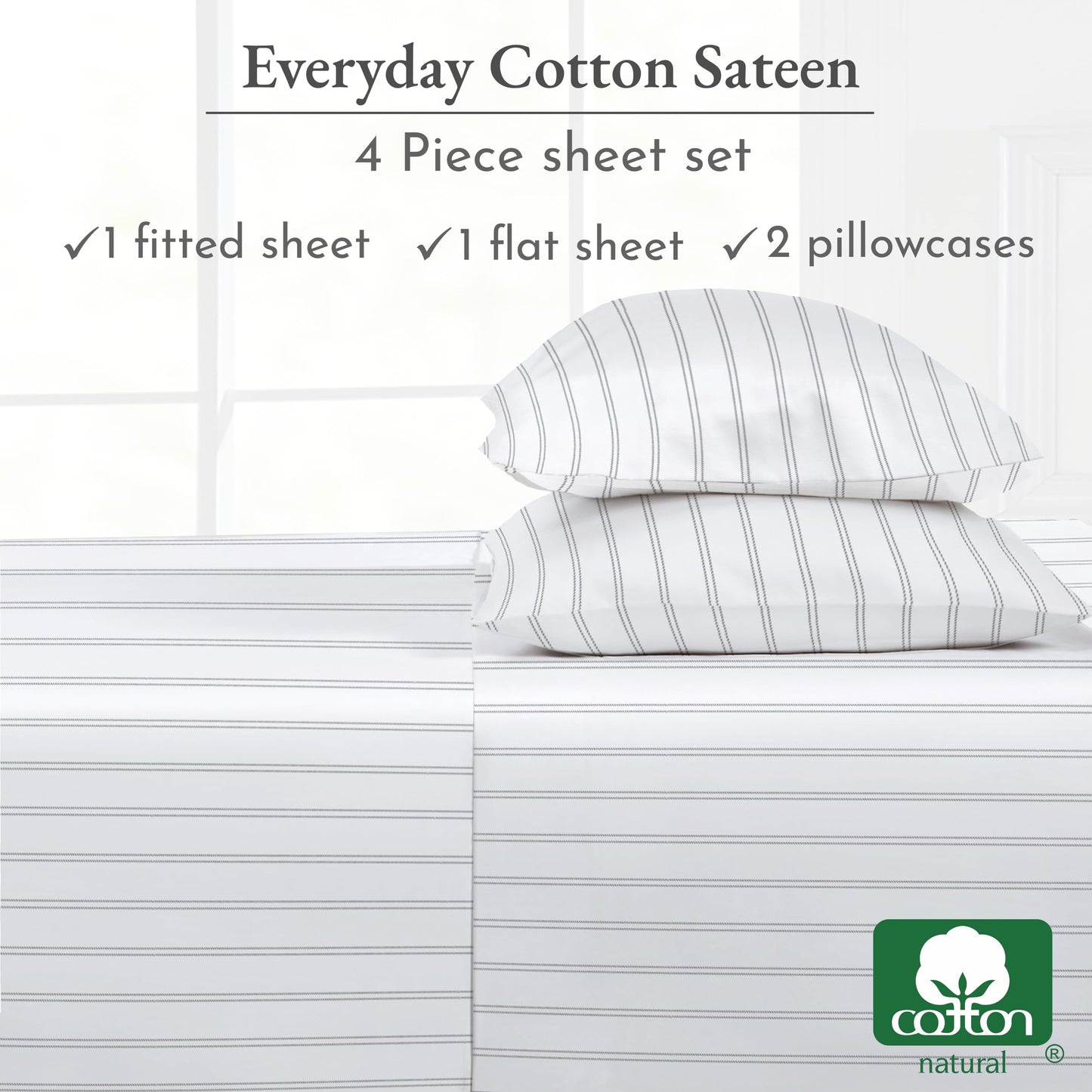 California Design Den Stripe Sheets Queen Size, 100% Cotton Sateen Printed Pattern, Deep Pocket Queen Sheets & Pillowcase Set - Classic Stripe