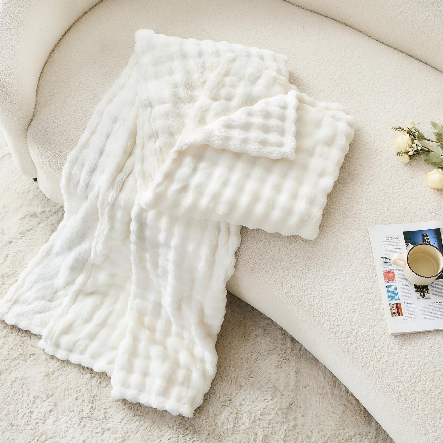 3D Bubble Plush Blanket Textured Fleece Throw Soft Warm Cozy Blanket Couch Bed Throw Snow White 50x60 Inches
