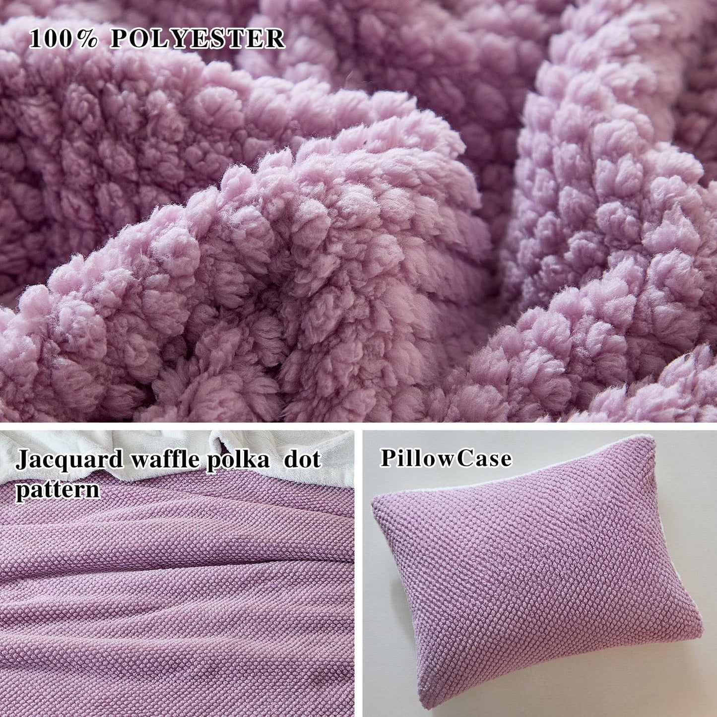 Luxury Flannel Fleece Sherpa Blankets Twin Size for Bed, Jacquard Boho 3-Layer Thick and Warm Blanket for Winter, Soft Cozy Fuzzy Plush Velvet Blanket with 2 Pillow Cases, Purple, 68x86 Inches