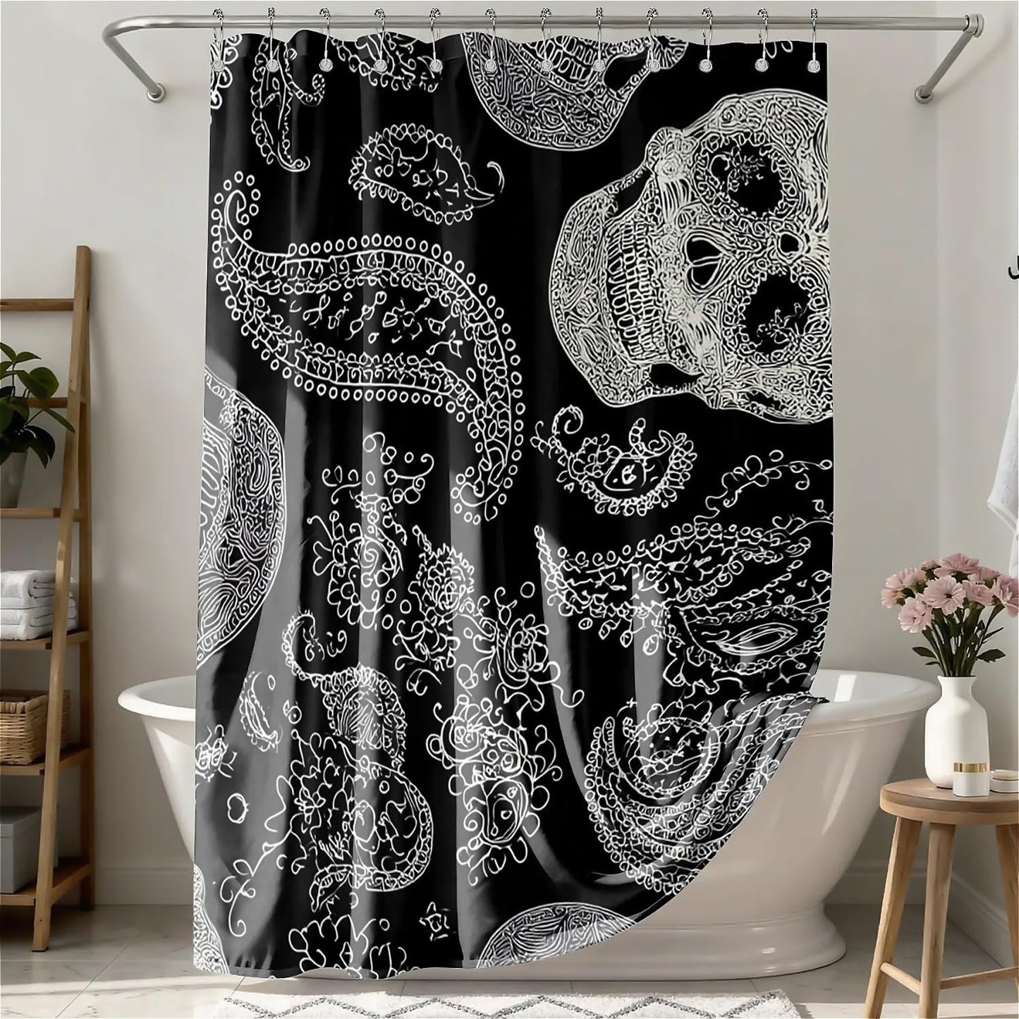 TANGXUNFA Skeleton-and-Flowers Shower Curtain for Bathroom, Water-Resistant Long Shower Curtain Set 72x72 Inch with Metal Grommets and 12 Metal Hooks