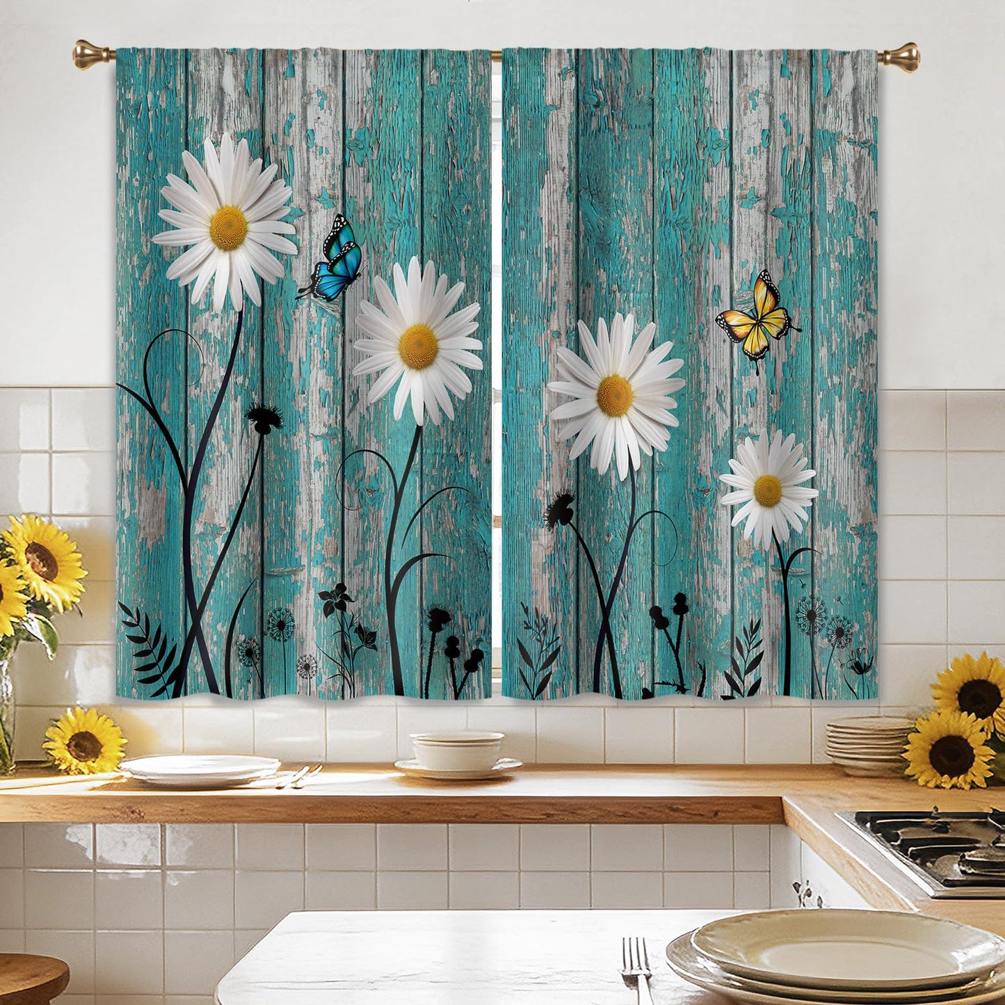 Cizuug Farmhouse Teal Daisy Kitchen Curtains Rustic Wooden Country Small Short Cafe Window Curtains Vintage Flower Floral Rod Pocket Bathroom Drapes Treatment Tier Curtains 2 Panels(27.5x39 Inch)