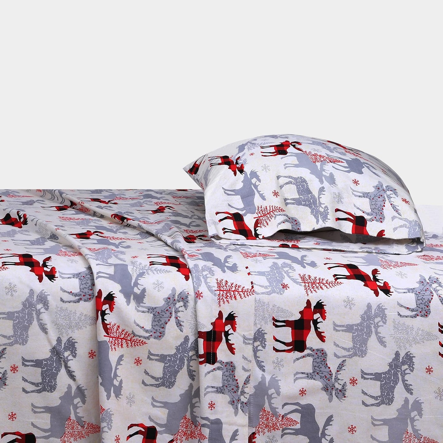 Feather & Stitch 100% Cotton Flannel Queen Sheet Set, 4 Piece Brushed Cotton Flannelette Flat Sheet, Winter Fitted Sheet, Heavy Weight Bedding, 16" Deep Pocket, 2 Pillow Cases (Red Deer)