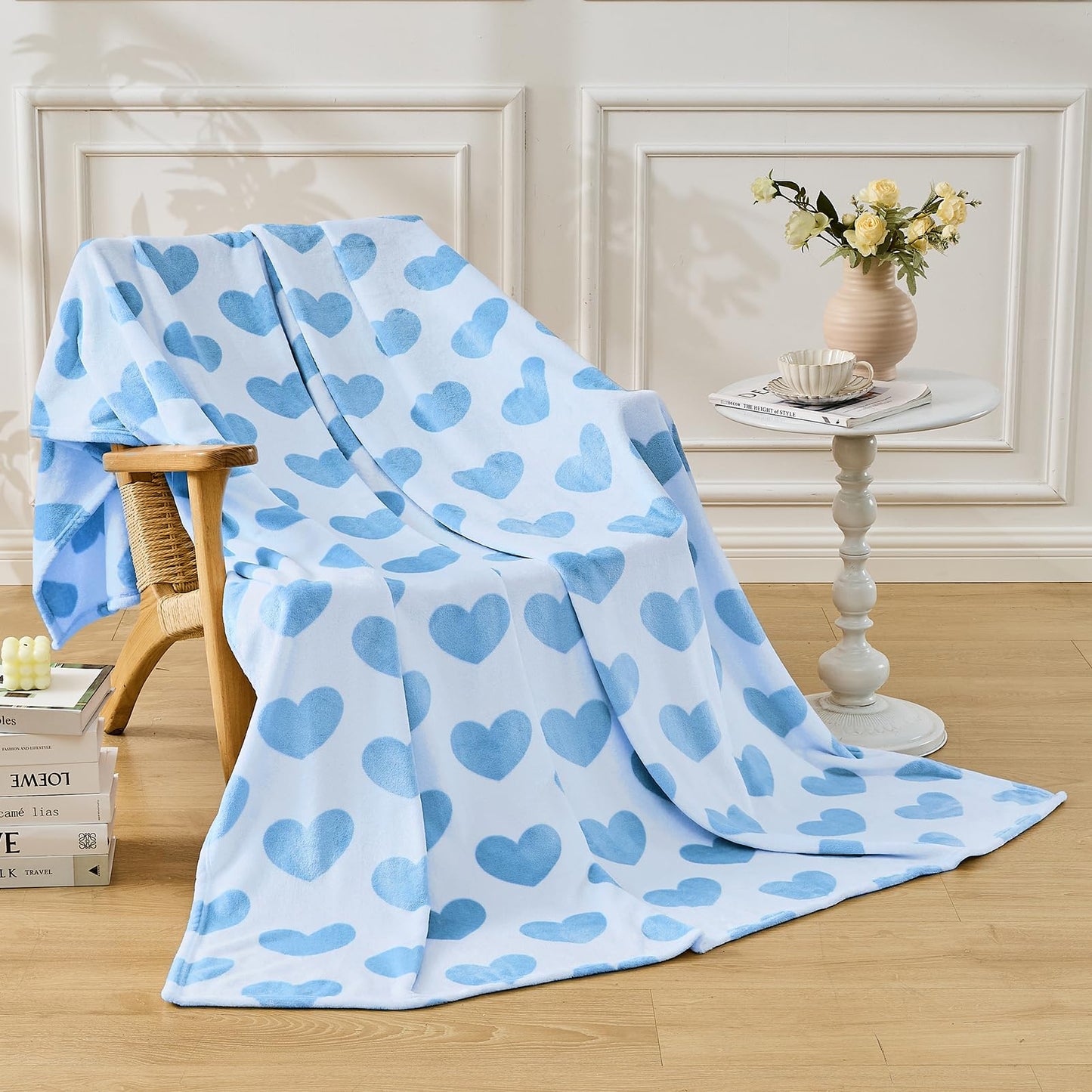 FY FIBER HOUSE Heart Flannel Throw Blanket Soft Cozy Blankets for Lover Gifts All Season Use, 60x80 Inches, Blue