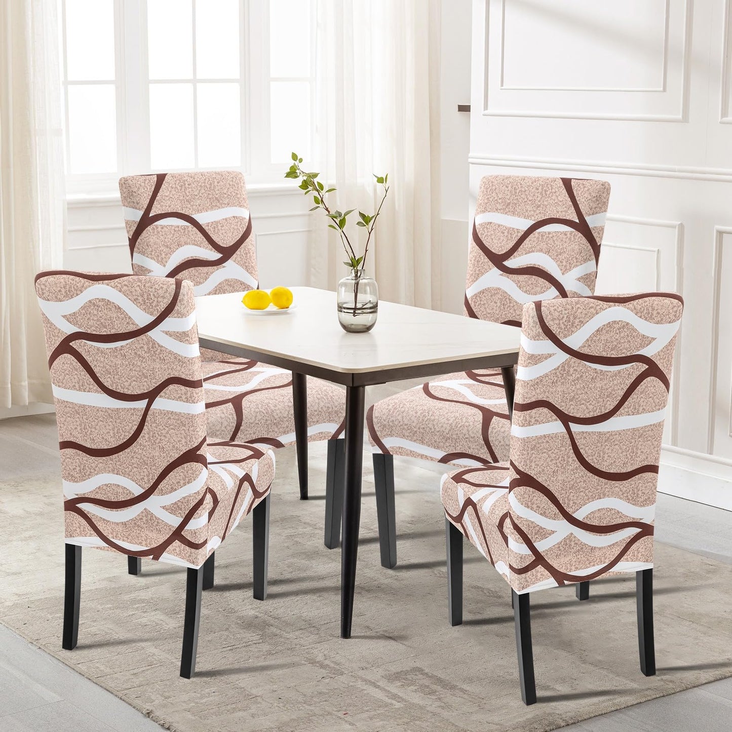 SearchI Dining Room Chair Covers Set of 4, Stretch Printed Parsons Chair Slipcovers Super Fit Spandex Removable Washable Kitchen Chair Protector Cover for Dining Room, Hotel, Ceremony (Khaki)
