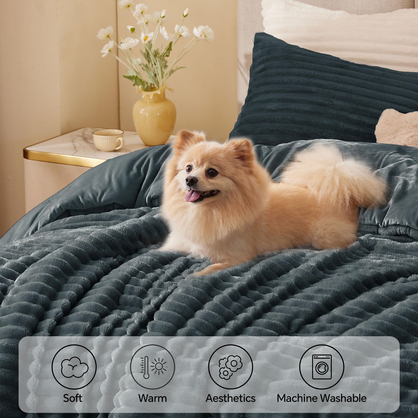 BEDELITE Fleece Queen Comforter Set -Super Soft & Warm Fluffy Dark Grey Bedding, Luxury Fuzzy Heavy Bed Set for All Season with 2 Pillow Cases