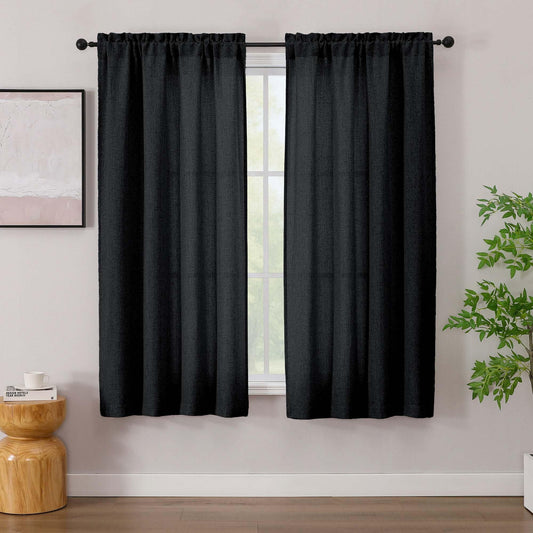 Simplebrand Black Linen Curtains 63 Inch Length 2 Panels, Faux Linen Textured Semi Light Filtering Farmhouse Curtains & Drapes, Soft Airy Slub Window Curtains for Living Room Bedroom, Each 42" Wx63 L