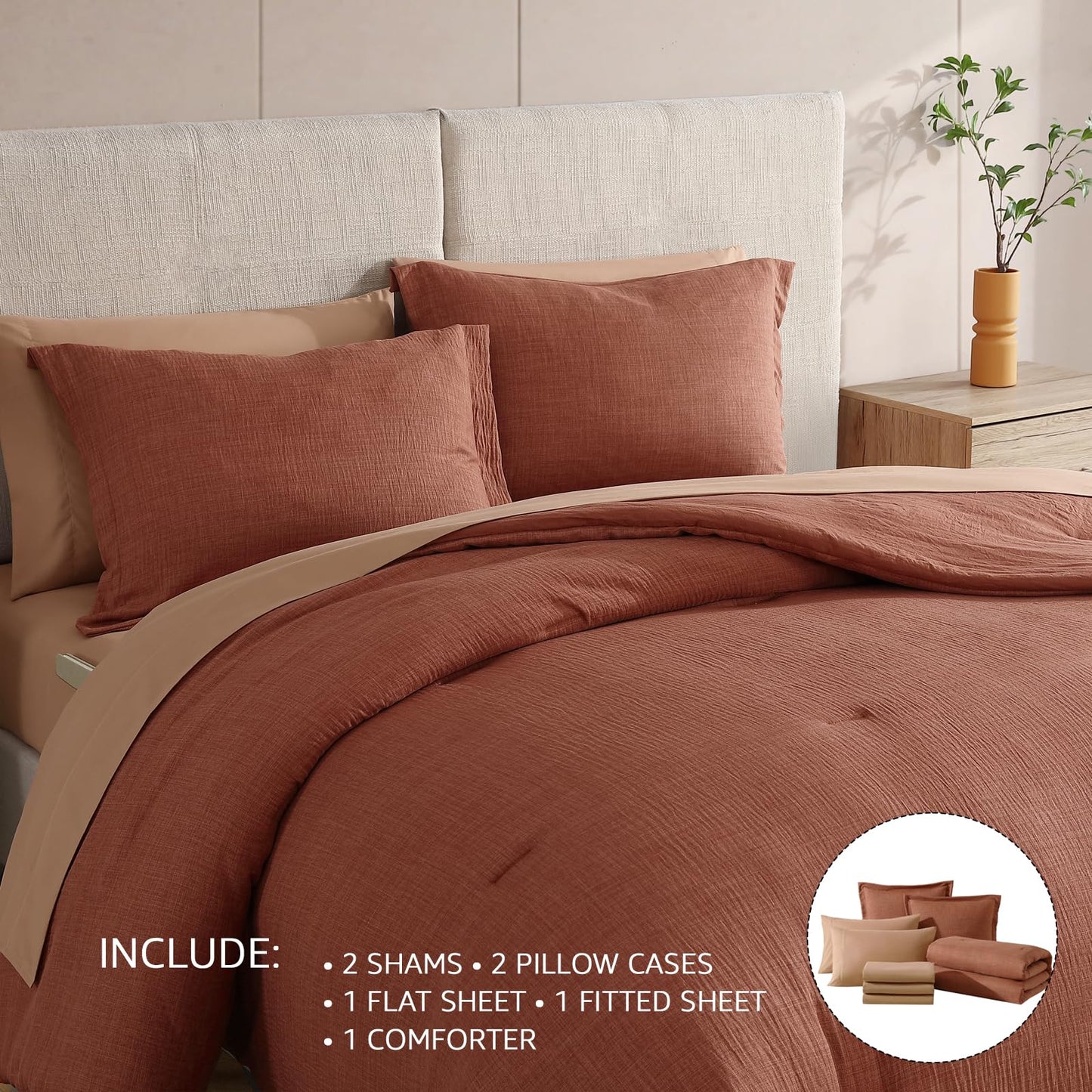 Geniospin Queen Size Comforter Set- 7 Pieces Terracotta Textured King Bedding Set, Soft Solid Bed in a Bag for All Seasons, Fall Comforter Set with Sheets