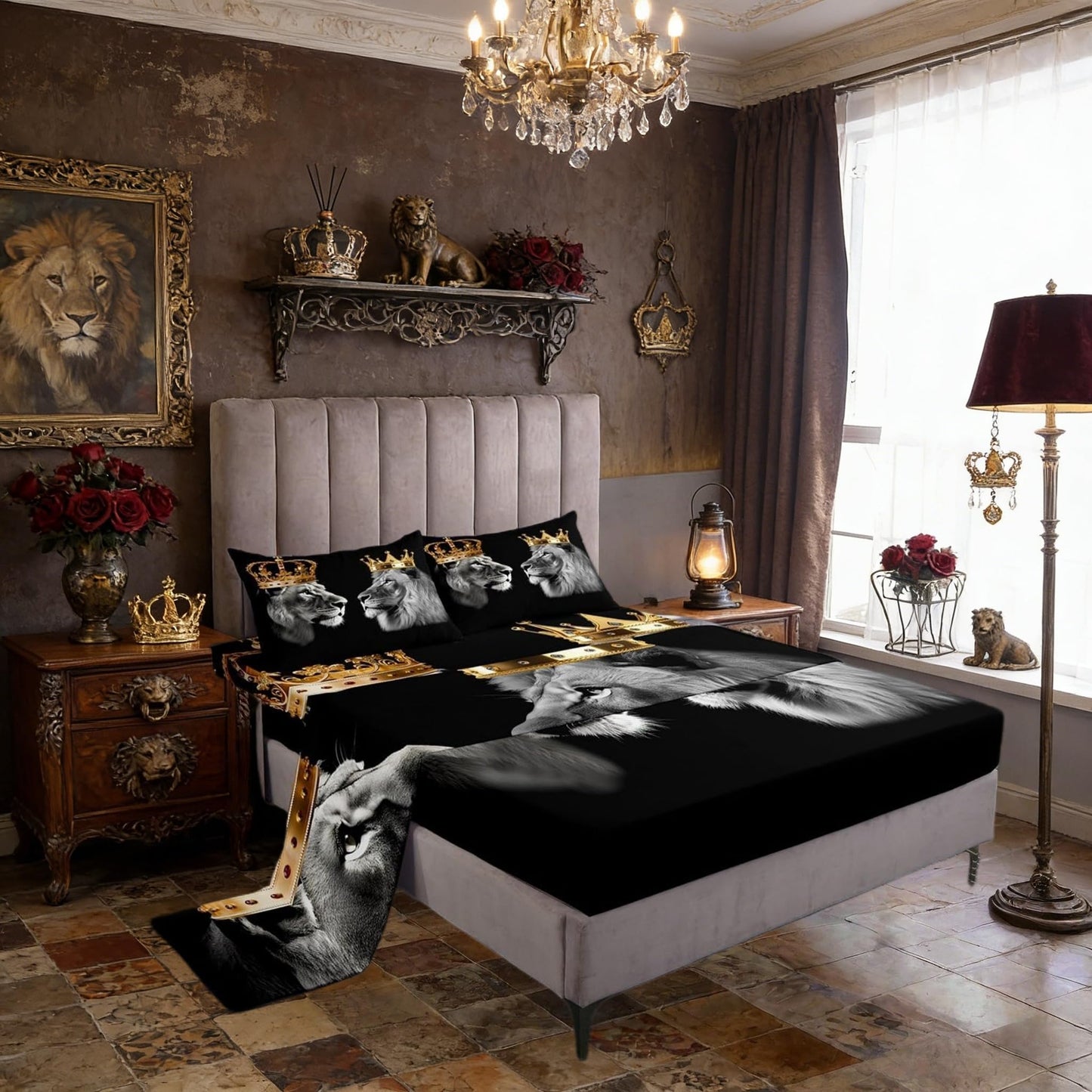 Wild Lion Couple Fitted Sheet Set Full Size 4pcs,Gold King and Queen Crown,Bedding Sets(1 Fitted, 1 Flat, 2 Pillowcases) Tropical African Animal Luxury Deep Pocket Bed Sheets, Modern