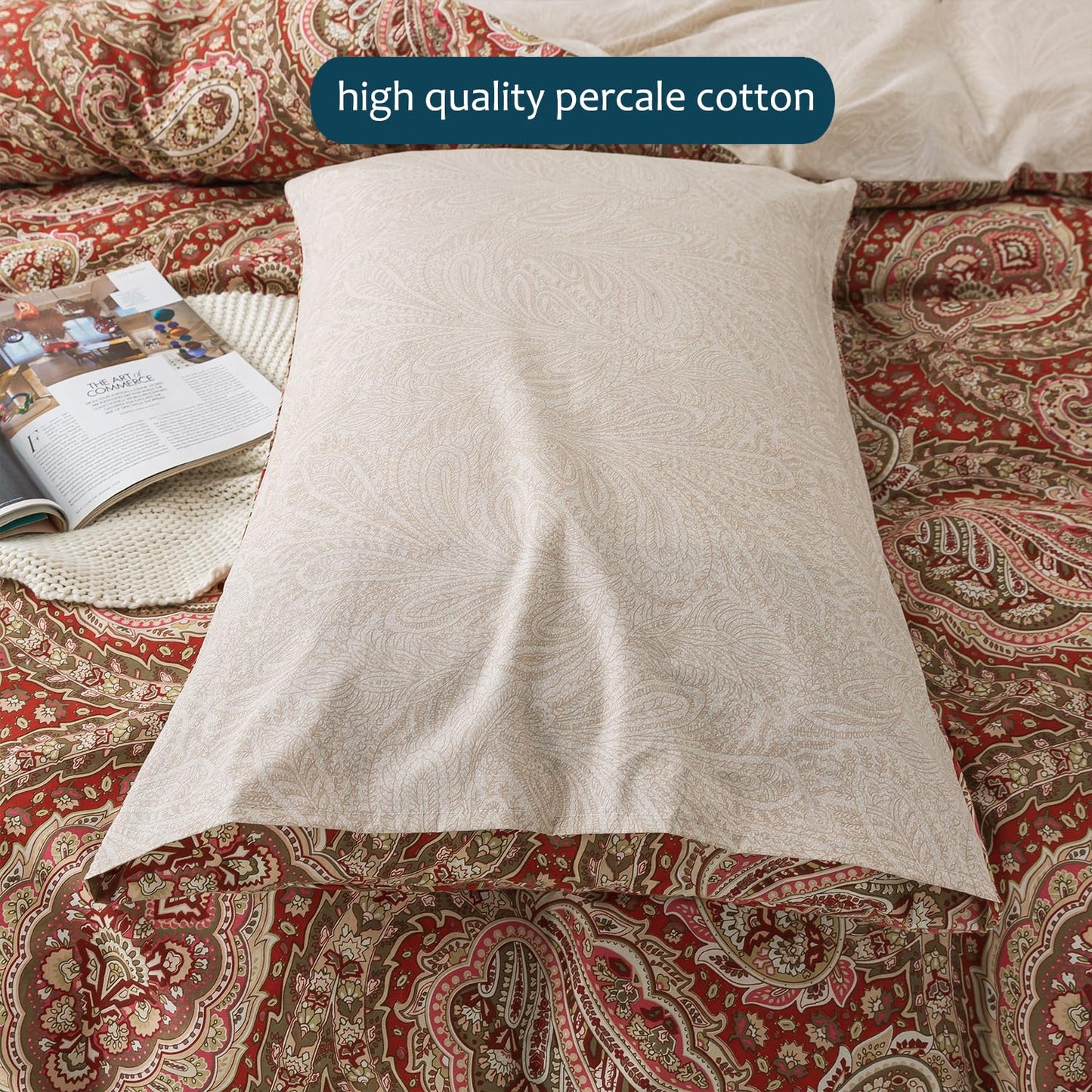 Zusbest Burgundy Duvet Cover Set Queen Size 100% Percale Cotton Red Beige Paisley Comforter Cover Toile Printed Bedding Luxury Crisp Soft Reversible Floral Bedding 3Pcs, Queen