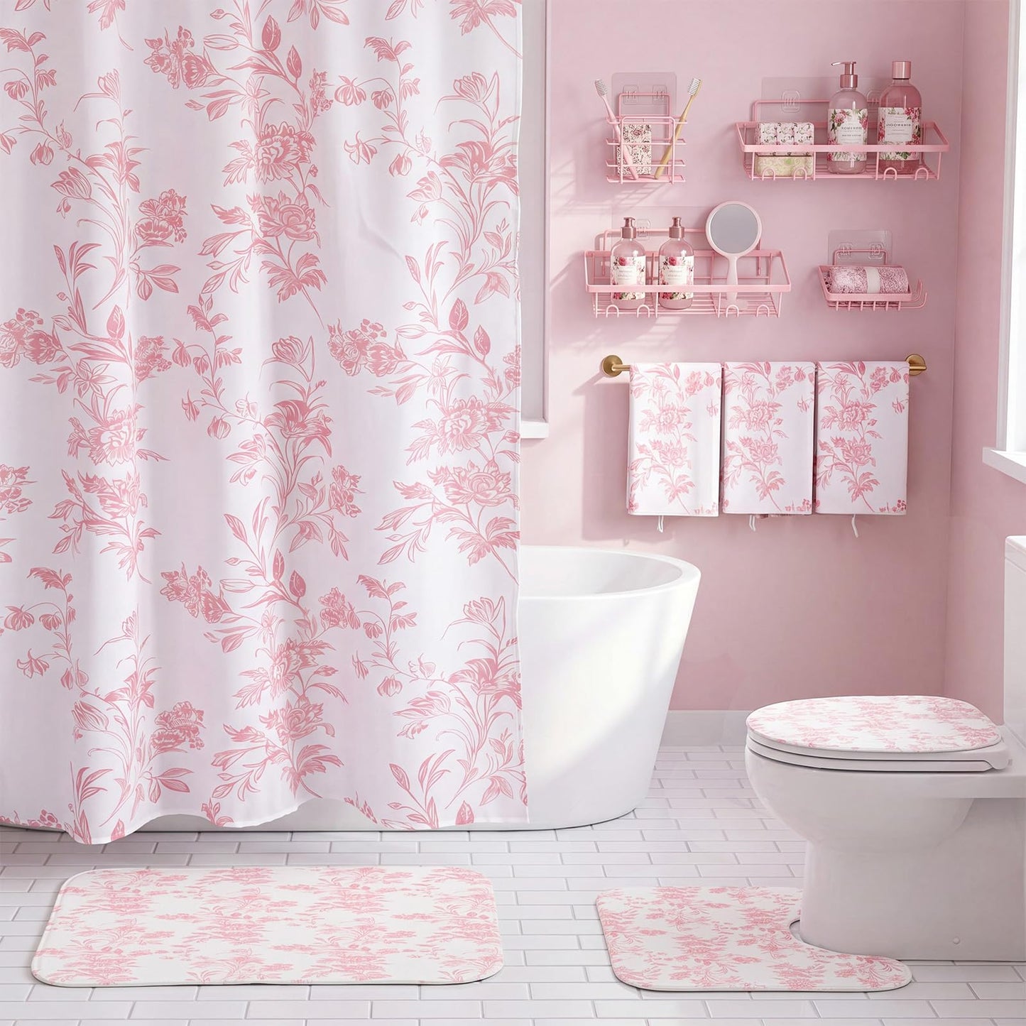 CrystalSylara 12 Pcs Pink Floral Bathroom Shower Curtain Set with 72 Inch Cotton Floral Shower Curtain, Non-slip Rug, Toilet Lid Cover, Bath Mat, 3 Towel, 5 Showers Caddy, Hook for Dormitory Apartment