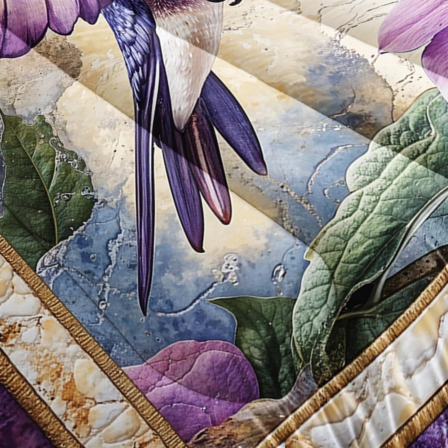 AILONEN Purple Flower Hummingbird Comforter Set Queen Size,Boho Exotic Hummingbird Bedding Set for Girls Women,Beautiful Bird Print Comforter with 2 Pillowcases,3 Pieces