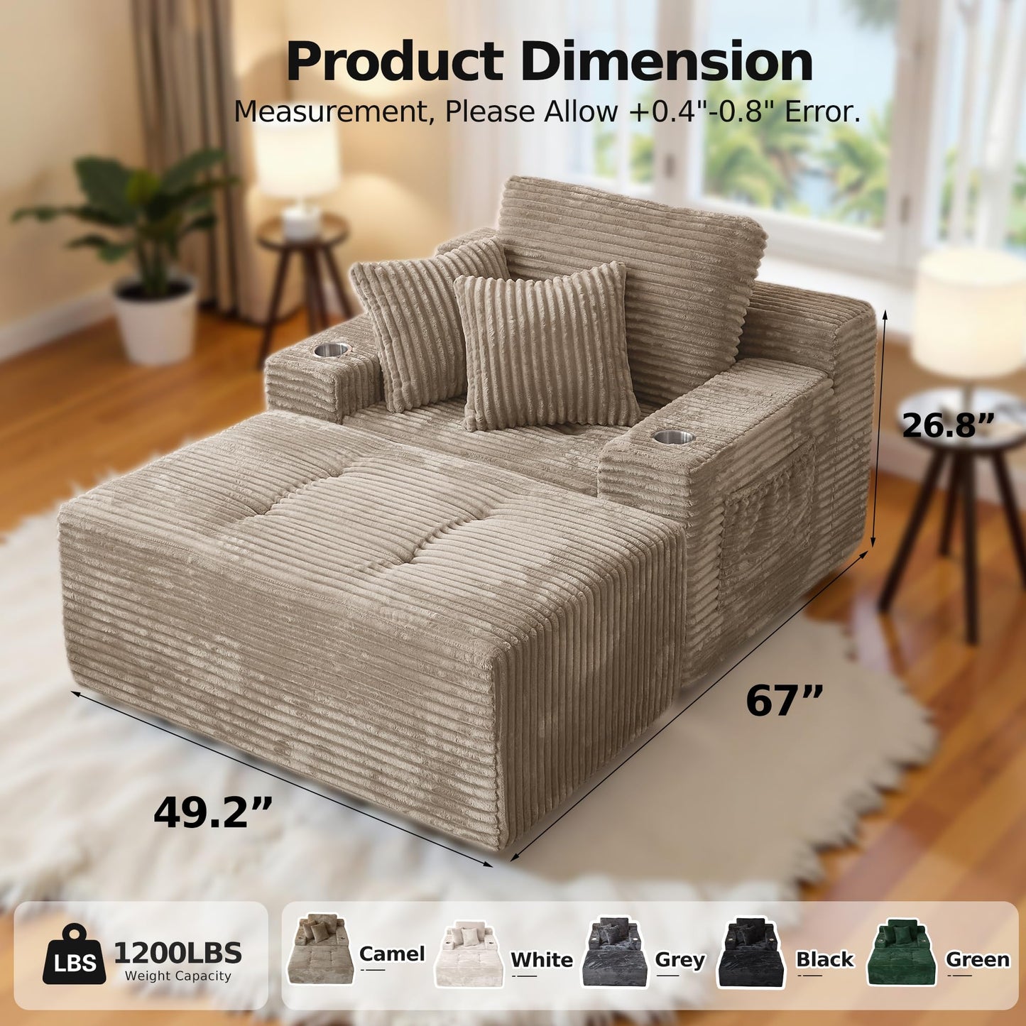 CHORRO 66" Chaise Lounge Chair Indoor,Oversized Boneless Single Sleeeper Couch Bed,Corduroy Cloud Sofa with 3 Soft Pillows for Livingroom,Bedroom,No Assembly,(Khaki)