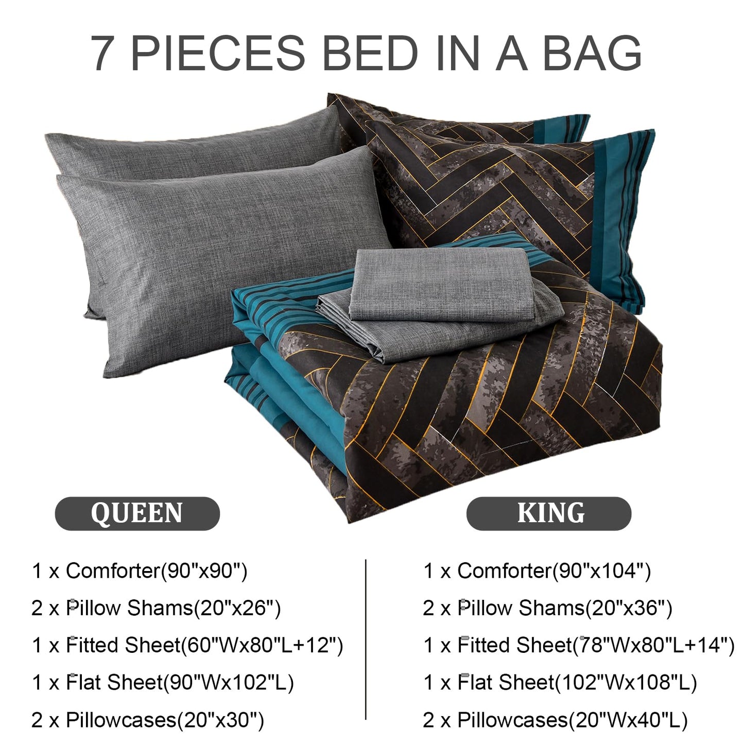 Luxudecor Teal Blue Comforter Set King Size, 7 Pieces Blue and Black Stripe Bed in a Bag, Geometric Comforter and Sheet Set, Soft Microfiber Complete Bedding Sets for All Seasons