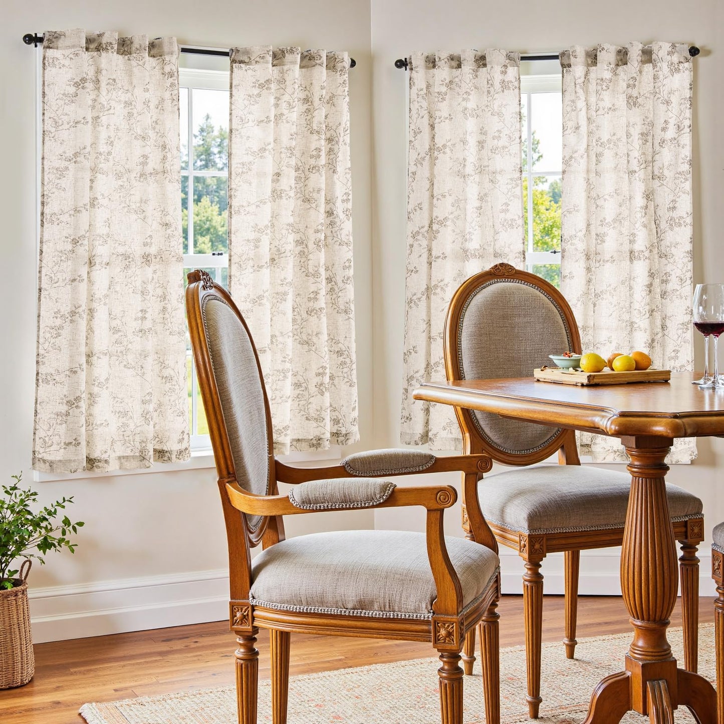 jinchan Linen Floral Curtains 63 Inch Farmhouse Country Flower Drapes Rustic Window Curtains Light Filtering for Living Room Bedroom Laundry Back Tab 2 Panels Taupe on Beige