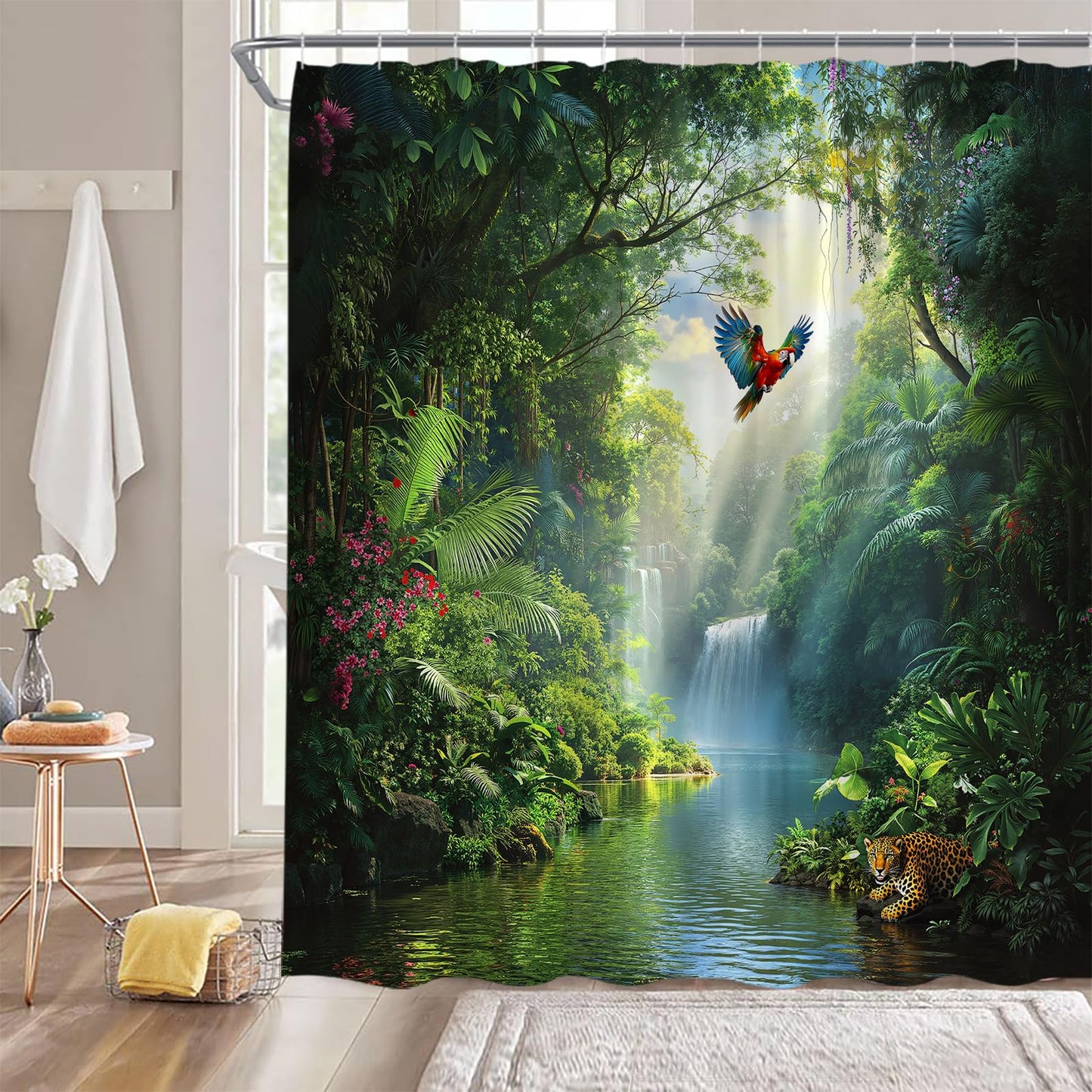 Rainforest Waterfall Shower Curtain Green Nature Forest Waterfall Wild Animal Leopard Parrot Tropical Plant Jungle Scenery Bathroom Fabric Curtain with Hooks,70x70 Inches