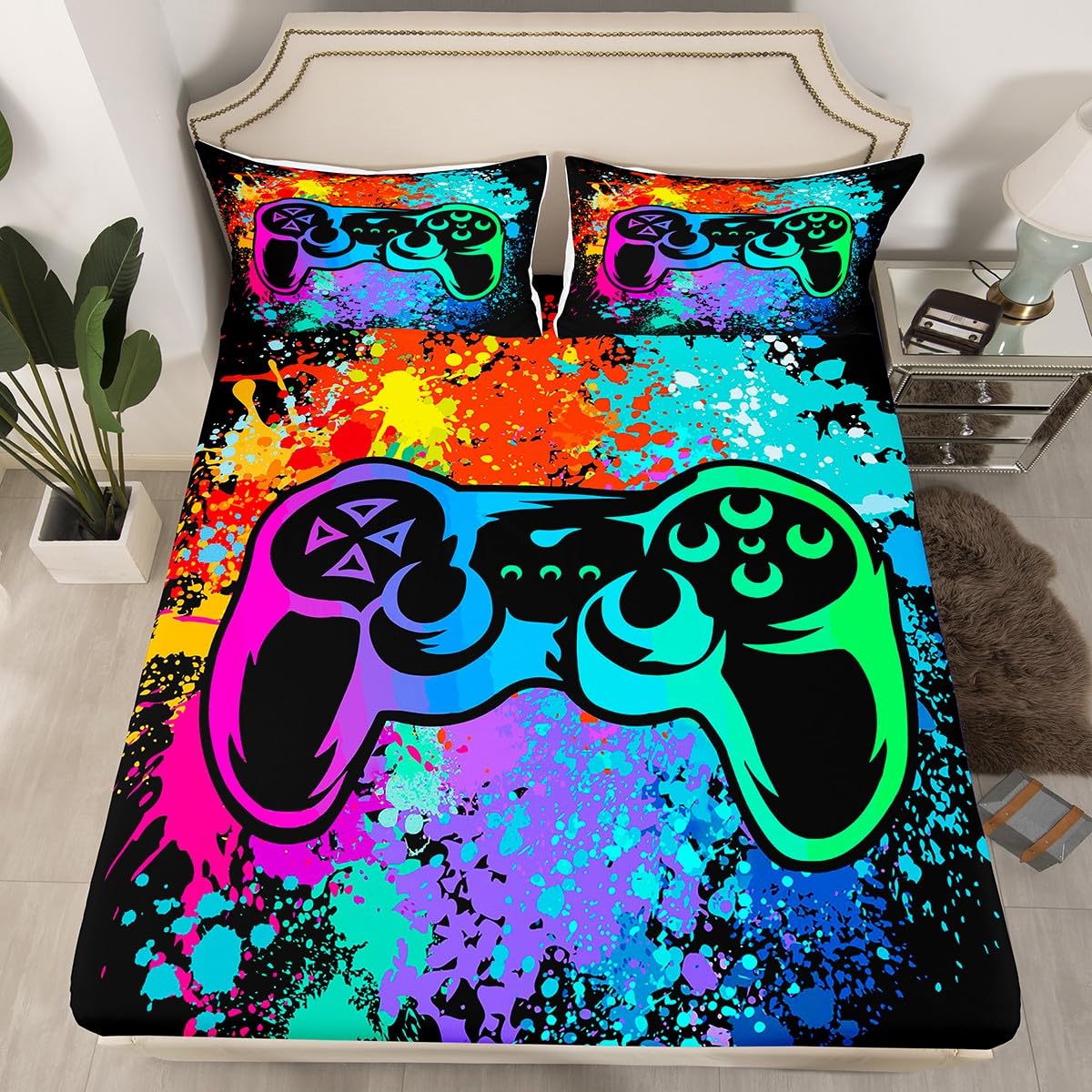 Erosebridal Gamer Bed Sheets King,Gaming Bed Sheet Set for Boys Game Room Decor,Tie Dye Bed Set for Kids Girls Teens Video Games Bedding Sheets,Gamepad Fitted Sheet + Flat Sheet + 1 Pillow Case
