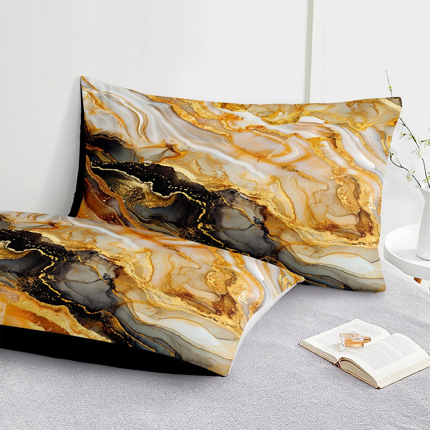 Bedorm Marble Comforter Set Queen Black Gold Bedding Black and White Marble Stone Texture Abstract Bedroom Comforter Super Soft Cozy Marble Bed Set 4 Pcs