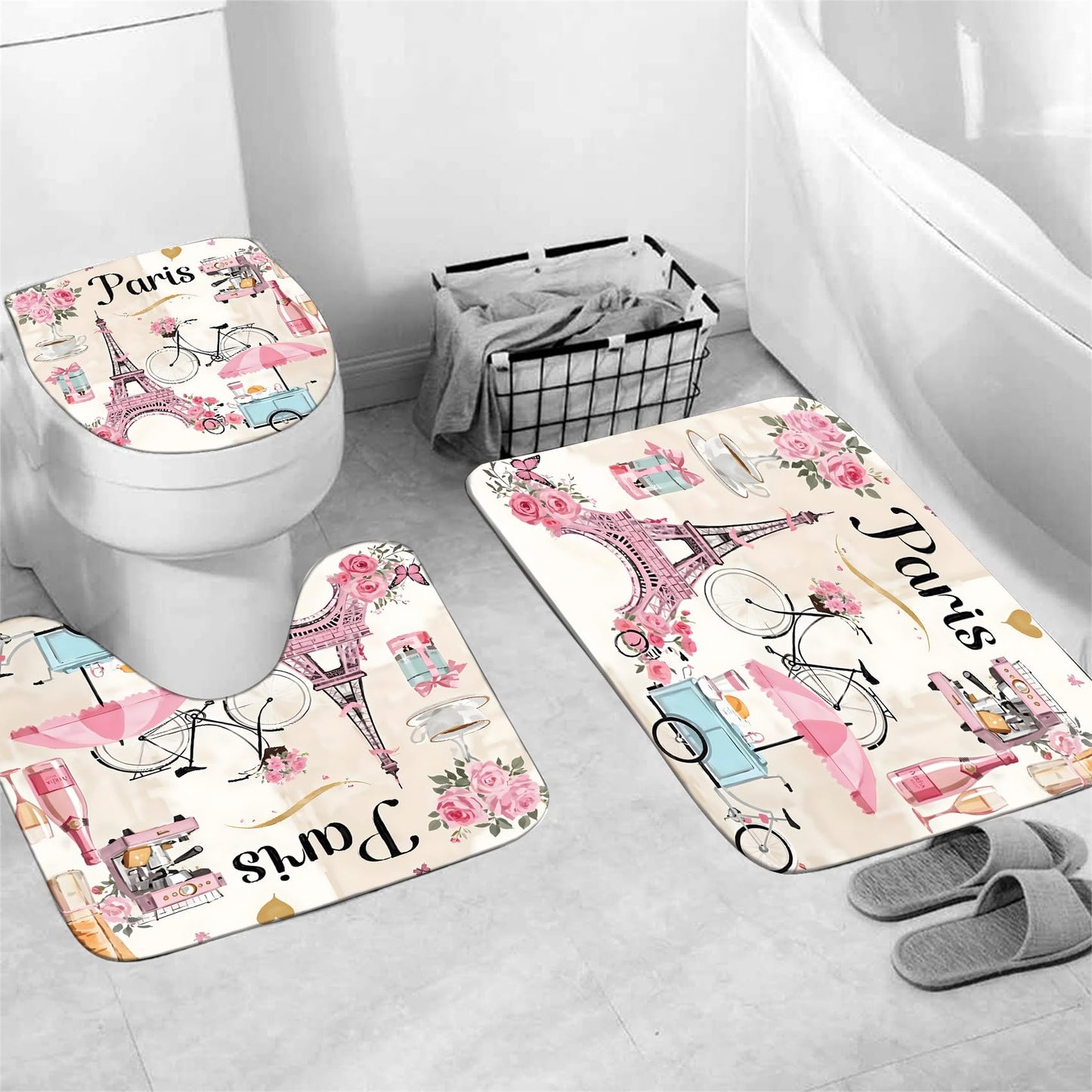 Chrainy 4Pcs Paris Eiffel Tower Shower Curtain Sets Bathroom Set Decor with Non-Slip Rugs Bath U-Shaped Mat Toilet Lid Cover Waterproof Pink Romantic Bathroom Curtains Shower Set with 12 Hooks