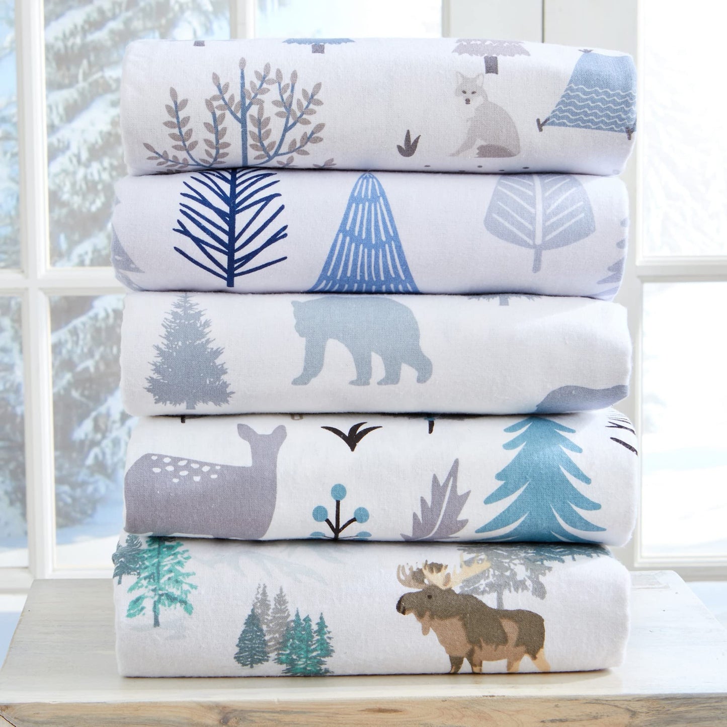 Market & Place 100% Turkish Cotton Flannel Sheet Set | 4 Piece Deep Pocket Novelty Cozy Winter Bed Sheets | Double Brushed for Extra Softness & Comfort | Alpine Collection (Queen, Moose)