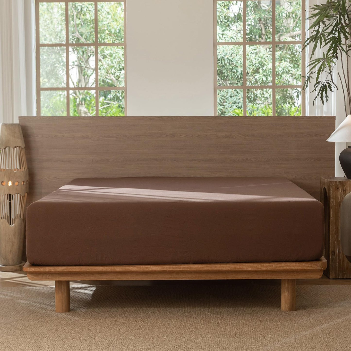 MooMee Fitted Bottom Sheet Only 100% Washed Cotton Linen Like Textured Breathable Durable Soft Comfy Deep Pocket Fits Mattress up to 17" (Cocoa Brown, Queen)
