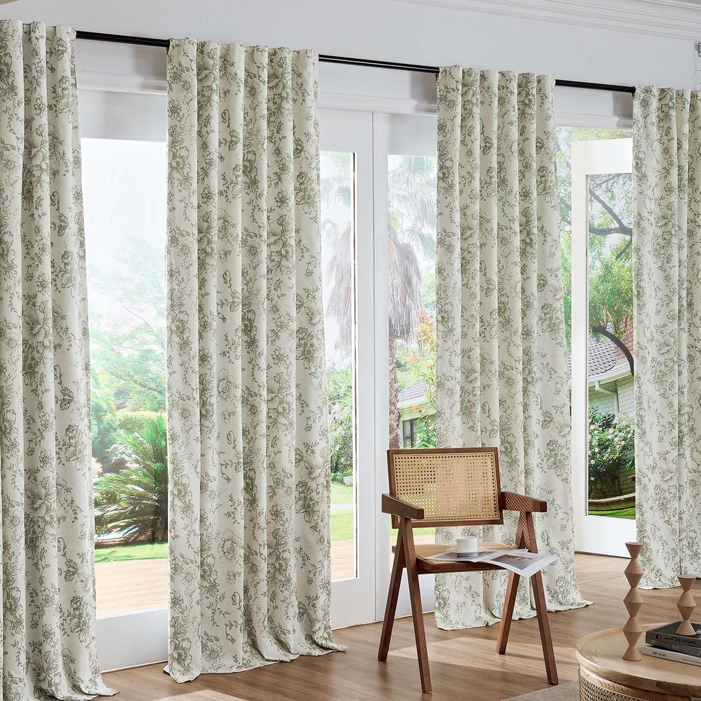 jinchan Blackout Floral Curtains for Living Room Bedroom Linen Blend Curtain Farmhouse Green Printed with Lined Back Tab Rod Pocket Drapes Window Treatments 2 Panels 63 Inch