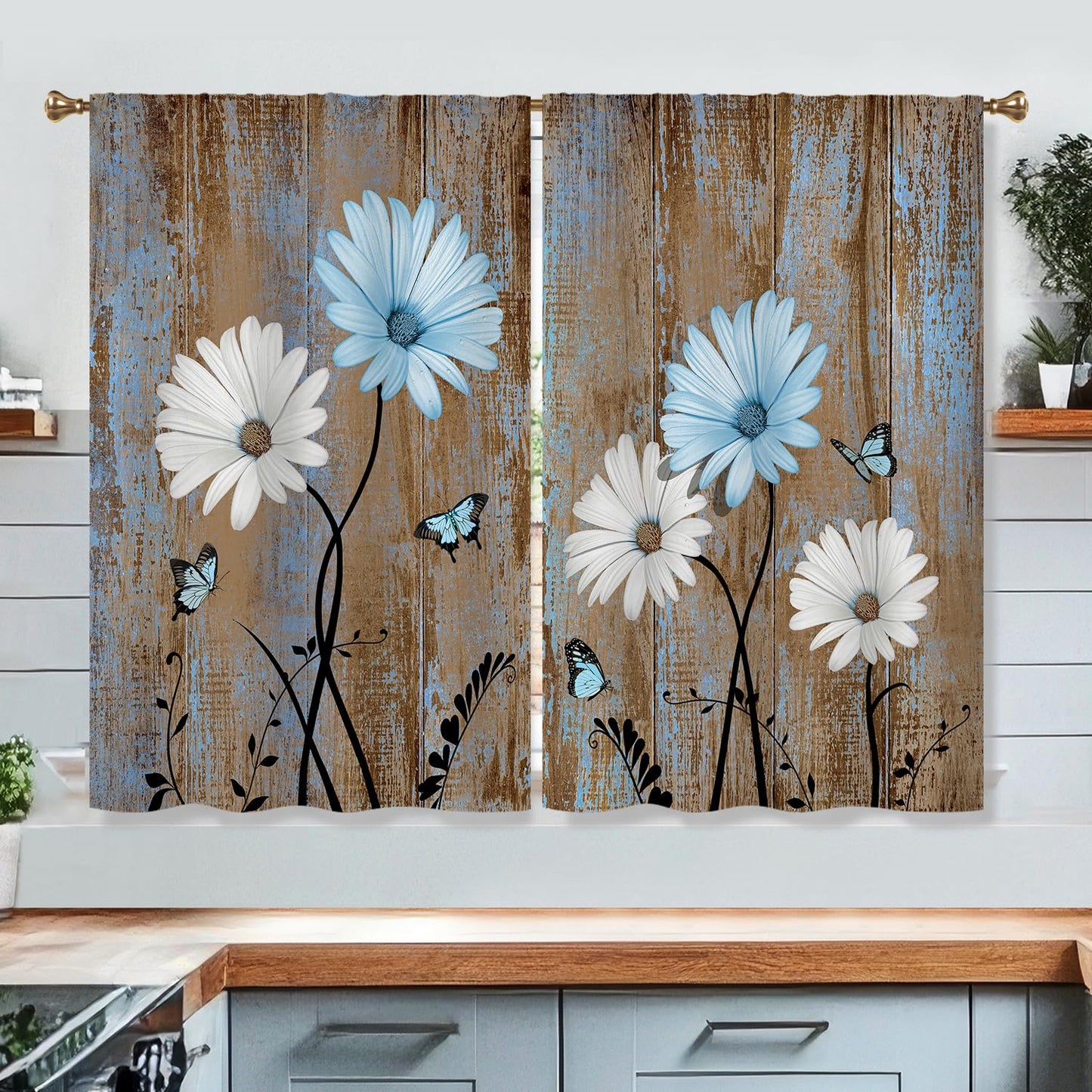 Cizuug Blue Farmhouse Daisy Curtains KitchenWooden Barn Plank Small Short Cafe Window Curtains Butterfly Rustic Country Spring Farm Bathroom Drapes Treatment Tier Curtains 2 Panels