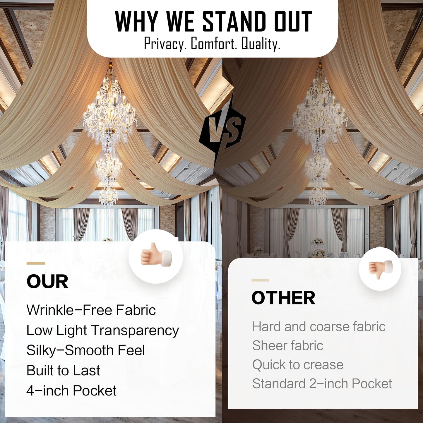 gogoparti 10x20FT Beige Ceiling Drapes for Weddings Parties - 2 Panels of 5x20FT Wrinkle Free Silk Beige Drapes for Tent Canopy, Weddings, Birthdays, Parties, Tent & Event Decoration