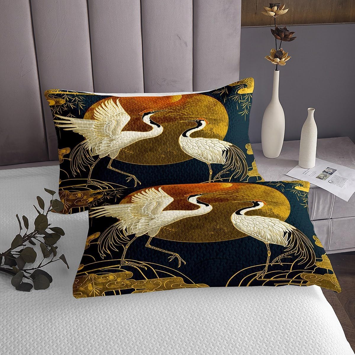 Japanese Crane Bedspread Queen Size,Gold Sun Cloud Stripes Bedding Sets 3Pcs,Retro Ukiyoe Leaf Print Comforter Set for Adult Women Men Room Decor,Wild Animals Coverlet Quilt,2 Pillowcases