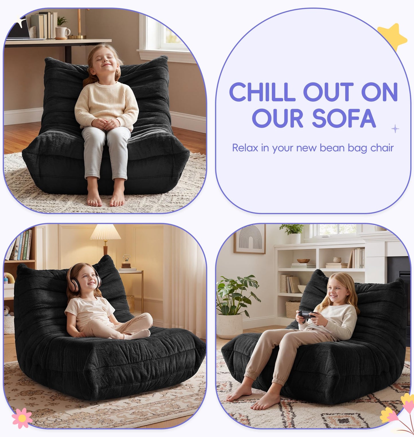 Hobestluk Bean Bag Chair for Kids Toddler Bean Bag Chair with Memory Foam Filler Beanbag with Spacious Design Bean Bag Couch for Reading Gaming Relaxing (Black, Small)