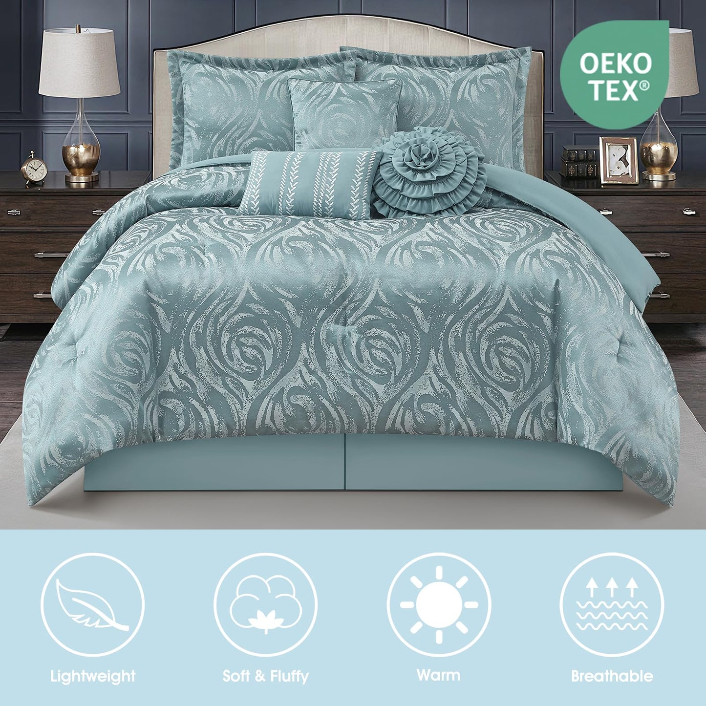 LANCO MODERN LIFESTYLE Blue 7 Piece Comforter Set, King, Elegant Floral Jacquard, Ultra Soft Bed Set for All Seasons, Bed in a Bag, Include Comforter, Bed Skirt, Pillow Shams & Decor Pillows