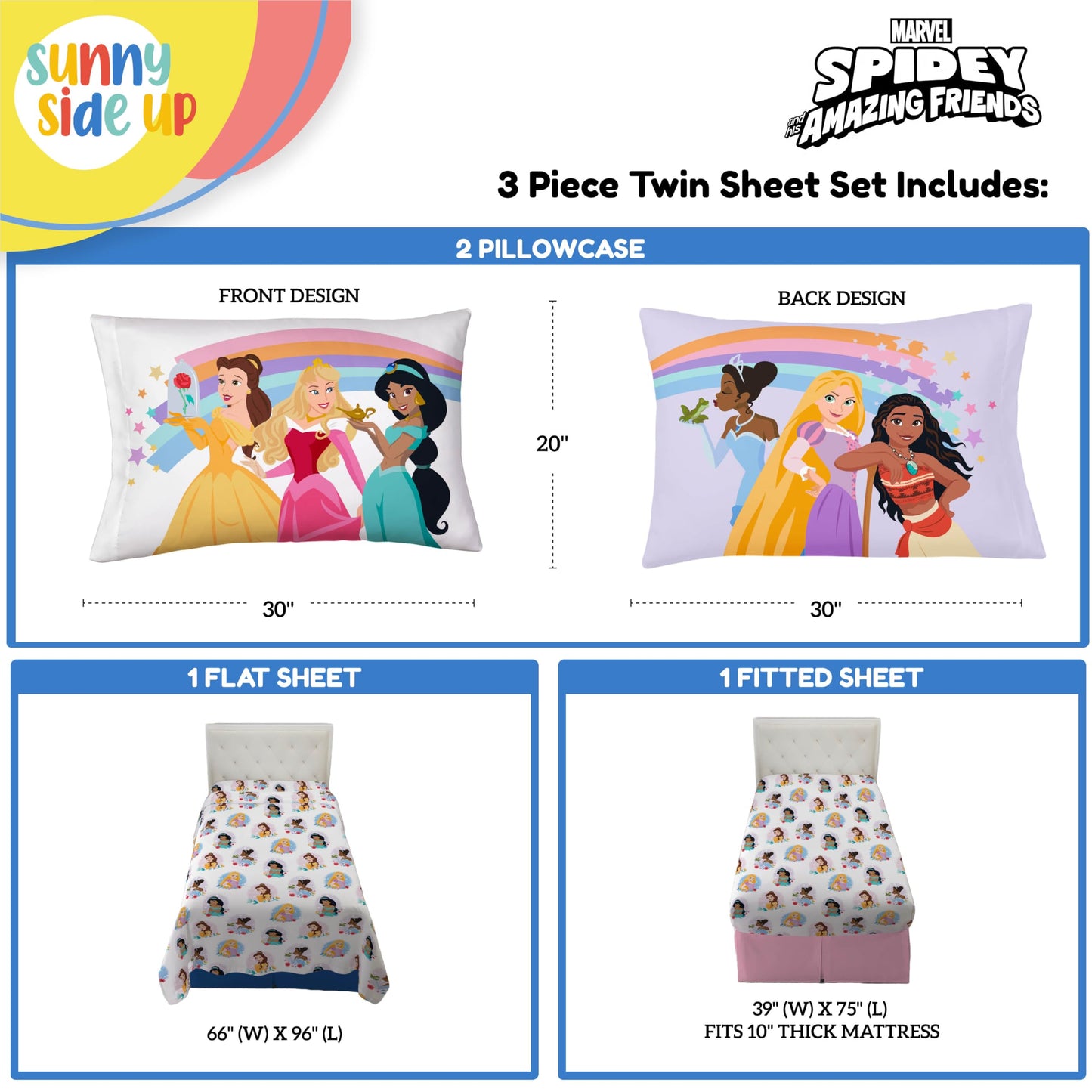 Sunny Side Up Disney Princess Twin Sheet Set - 3 Piece Kids Bedding Set Includes Pillow Cover – Super Soft Rainbow Microfiber Sheets Features Moana, Belle & Rapunzel
