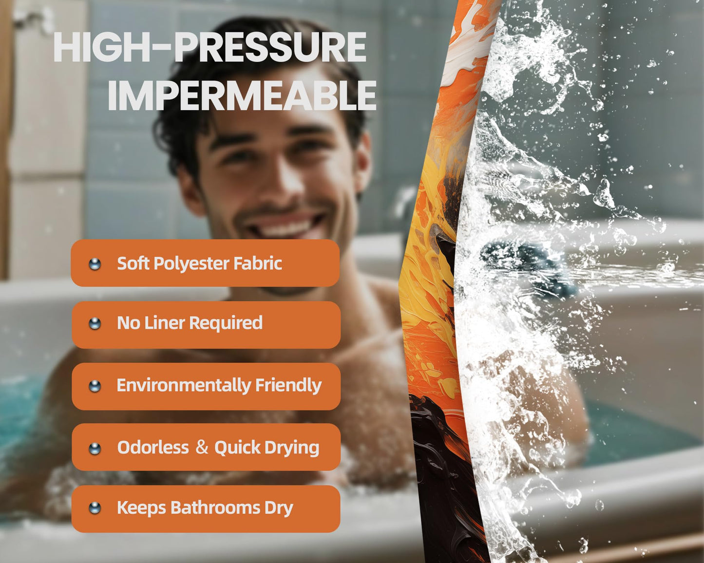 dueeia Orange and Black Shower Curtain Orange Abstract Art Painting Shower Curtains for Modern Bathroom Decor, Waterproof Fabric 70 x 72 inch with Hooks