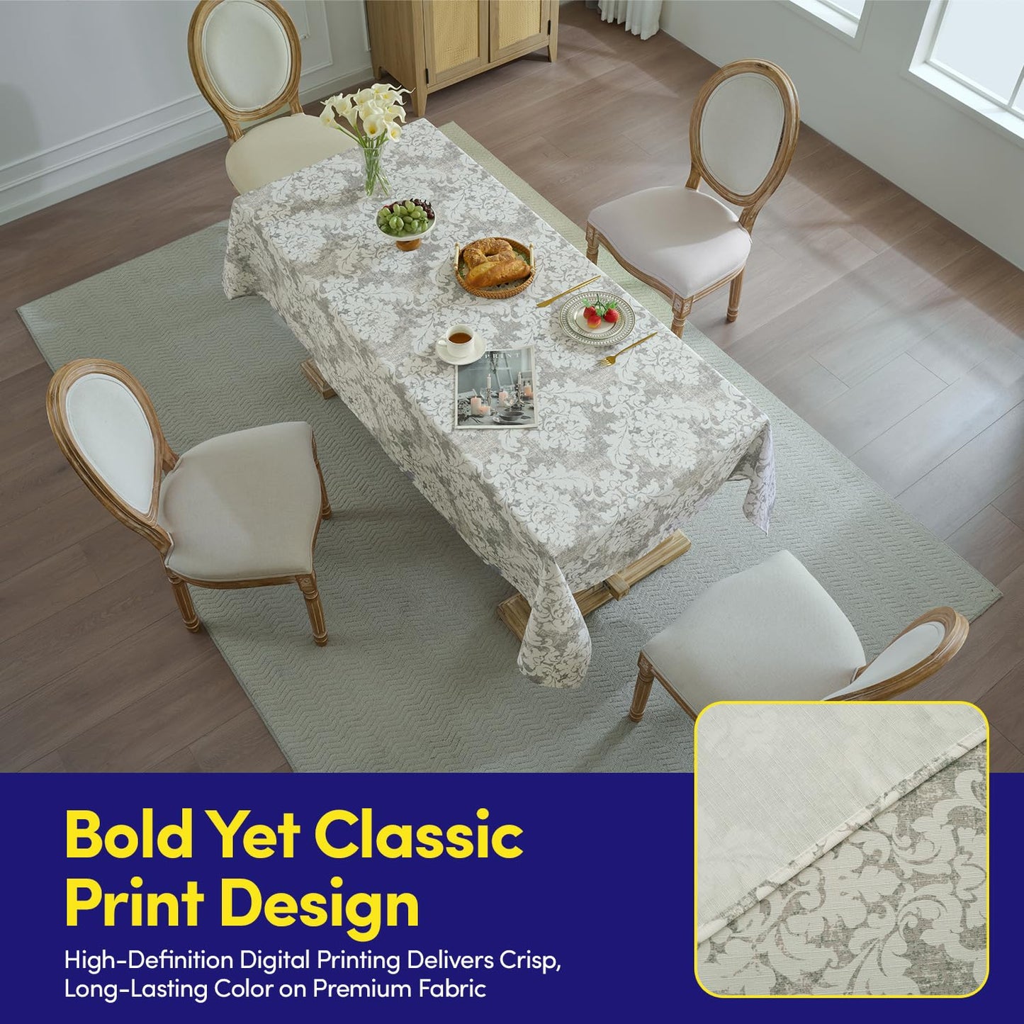 Rectangle Tablecloth 60" x 102" 100% Waterproof Fabric — Wipe-Clean, Tear-Proof Decorative Table Cover for Indoor & Outdoor Dining Elegant Patterns for Kitchens, Dining Rooms, Damask