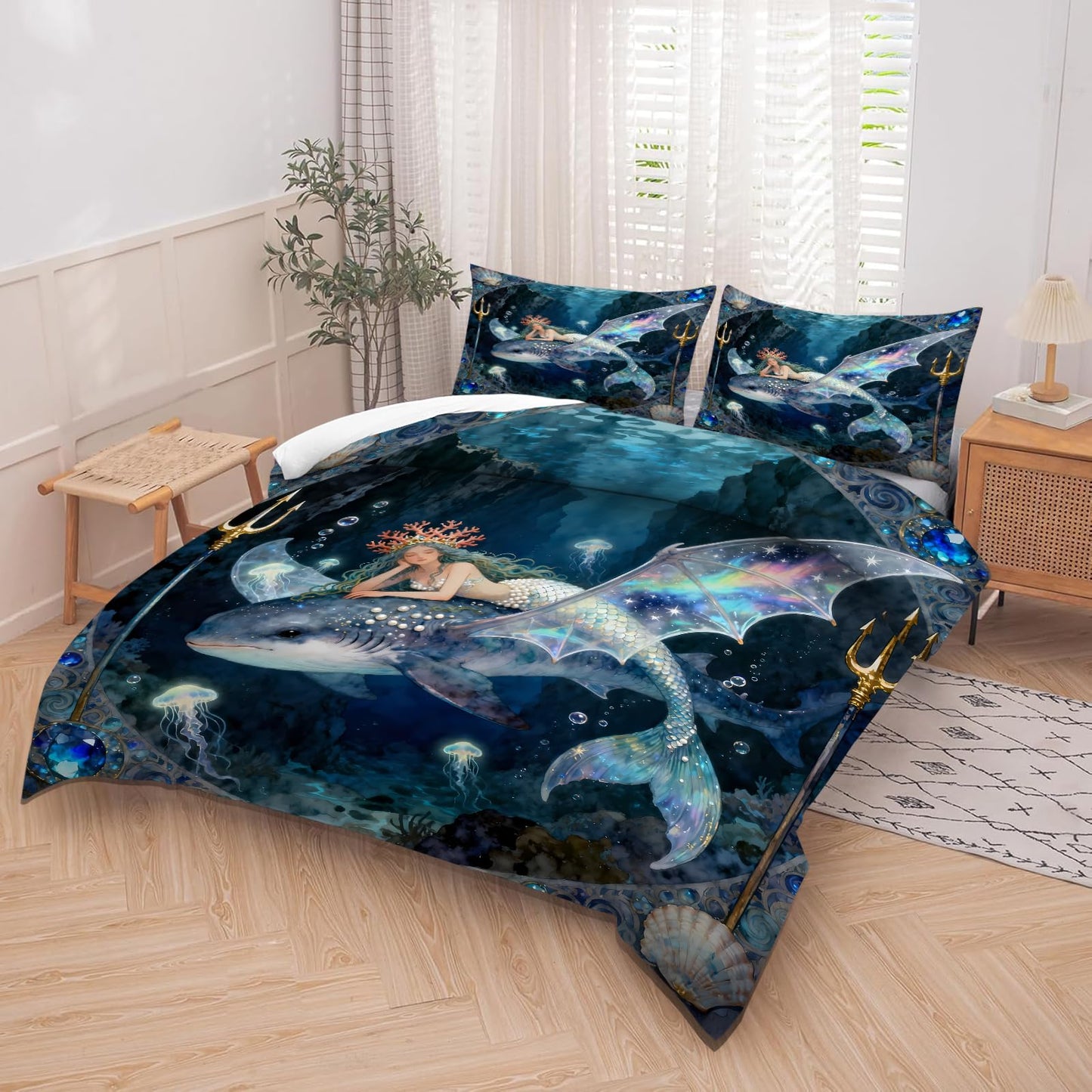 kxry Mermaid King Bedding Sets for Girls Kids, Ocean Fish Scales Quilt, Coastal Nautical Sea Animal Comforter Sets, Cute Jellyfish Duvet, Sparkle Mermaid Fish Scale Soft Comforter, 3 Pcs