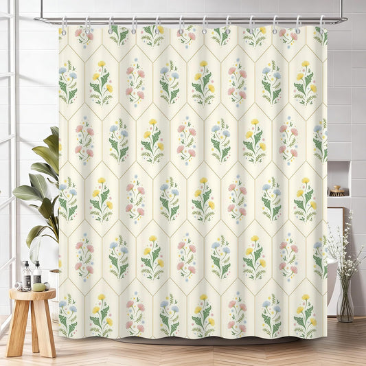 NAEMBCU Floral Geometric Shower Curtain with Hooks - 72x72 Inch Waterproof Fabric Bathroom Curtain with Botanical Wildflower Pattern, Aesthetic Bath Curtain for Vintage Cottage Interiors