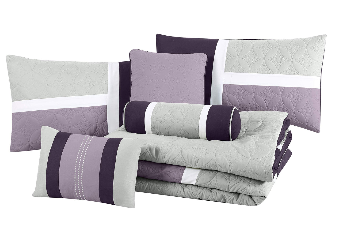 Chezmoi Collection Upland 7-Piece Quilted Patchwork Comforter Set, Lavender/Gray/Purple, King