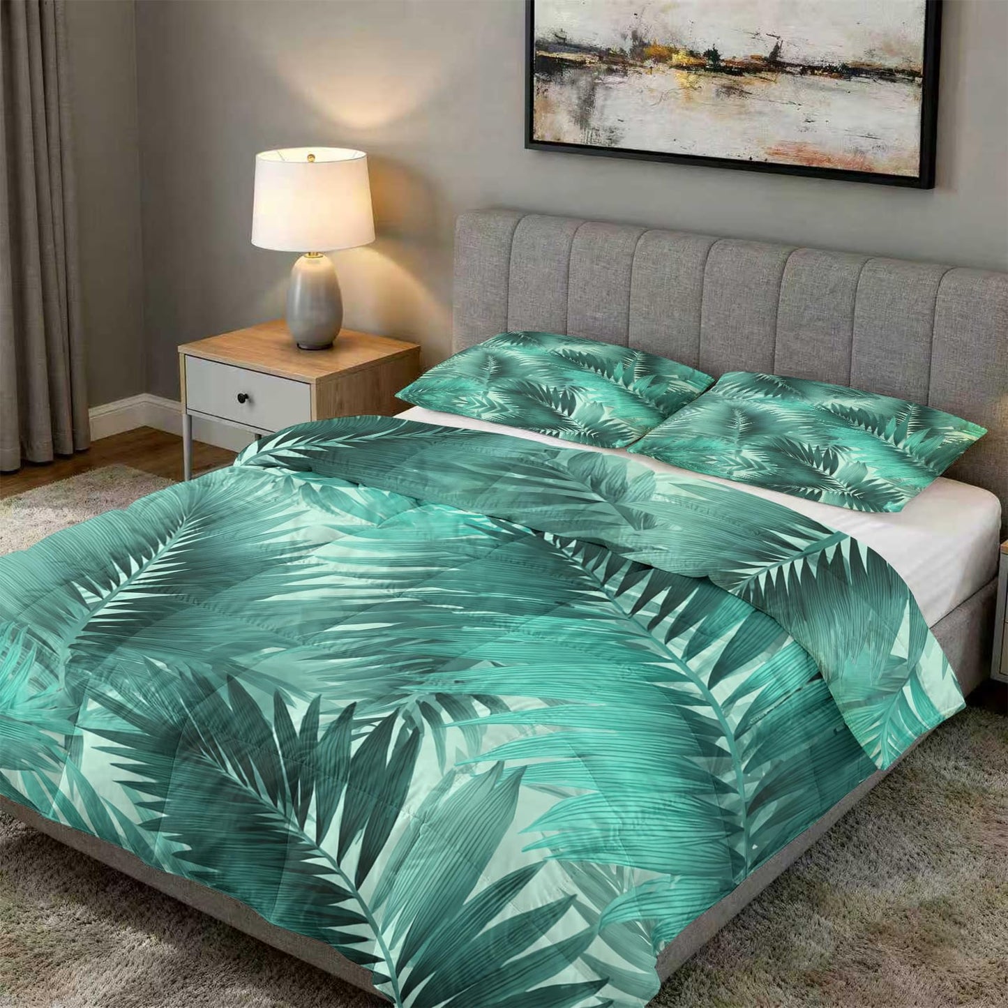Palm Leaf Comforter Set King Size 3Pc, Tropical Forest Botanical Pattern Down Alternative Bed Comforter, 2 Pillow Shams, Soft All Season Bedding, Palm Leaf Bedroom Decor AF4308
