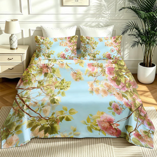 Spring Flower Bedding Set 4 Pcs Blue Sky Floral Queen Sheets