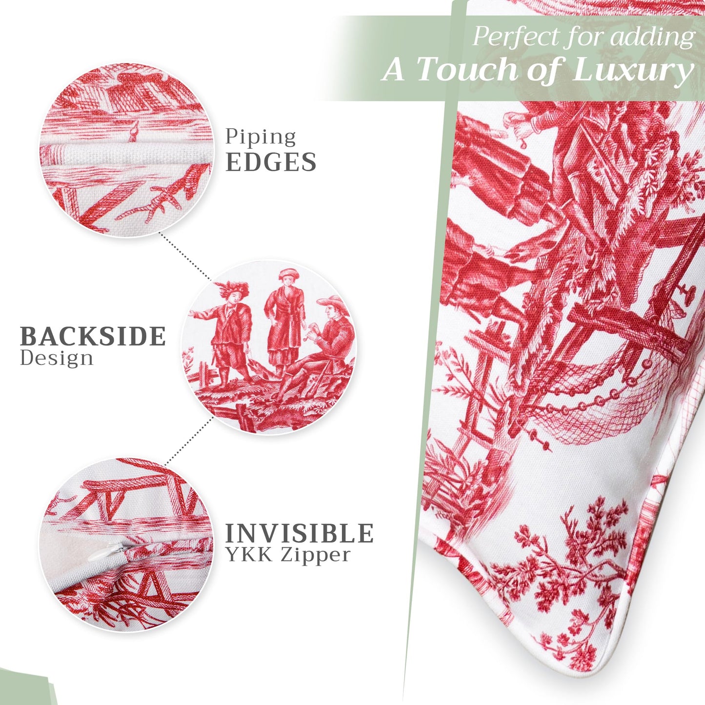 Maison d' Hermine Decorative Pillow Covers 18 x 18 inch Square 100% Cotton Toile Throw Pillow Covers with Invisible Zipper for Couch Chair Sofas Spring Summer (Calais - Red (White Base))